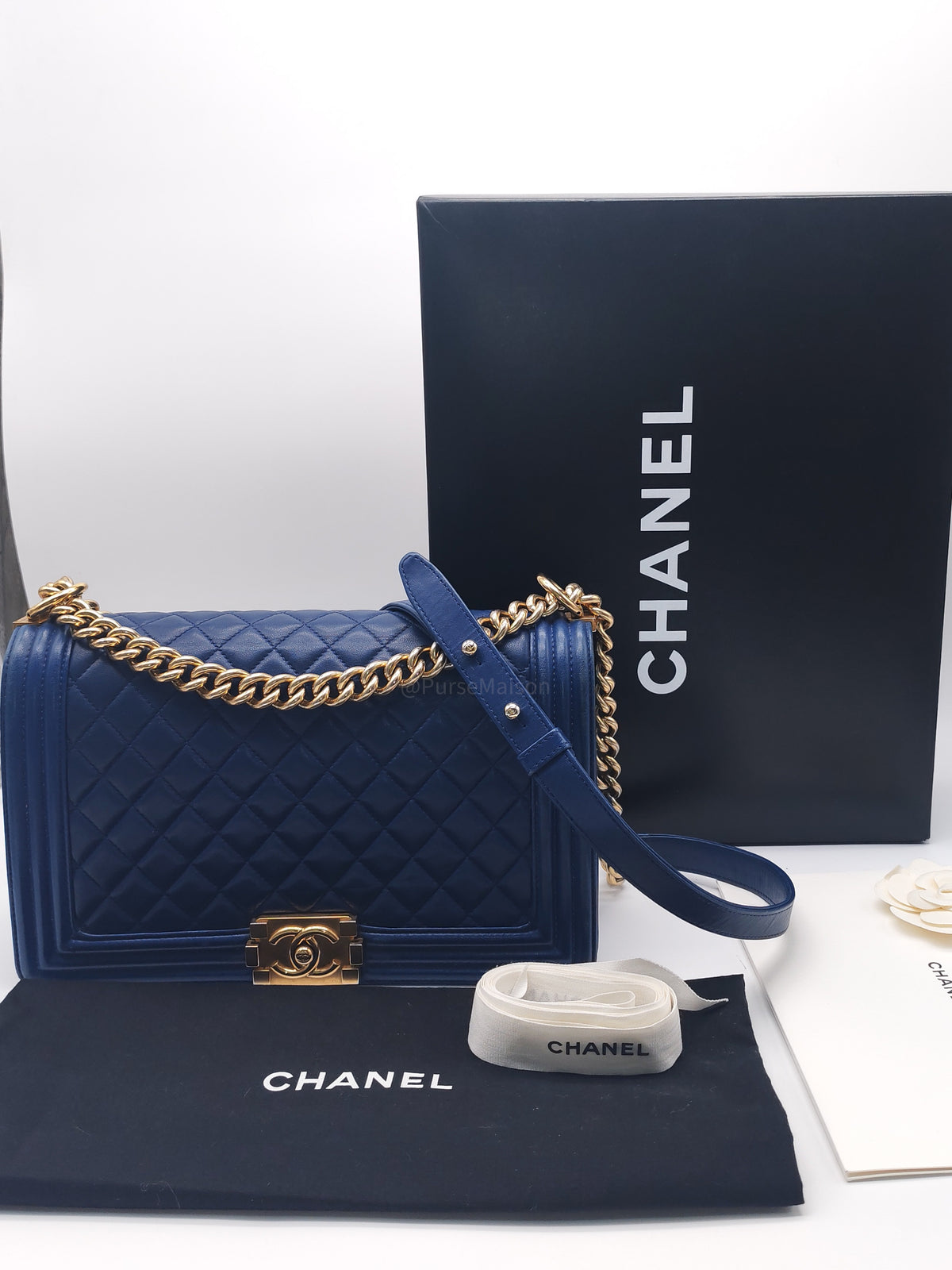 Chanel Boy New Medium in Navy Blue Quilted Lambskin Leather and Gold Hardware Series 23 | Purse Maison Luxury Bags Shop