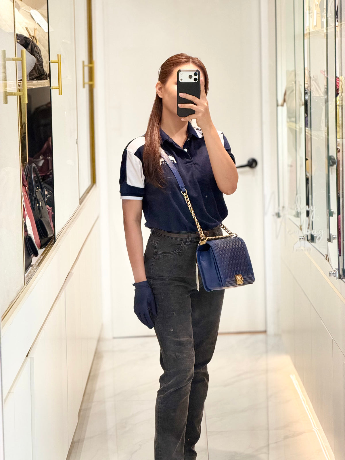 Chanel Boy New Medium in Navy Blue Quilted Lambskin Leather and Gold Hardware Series 23 | Purse Maison Luxury Bags Shop