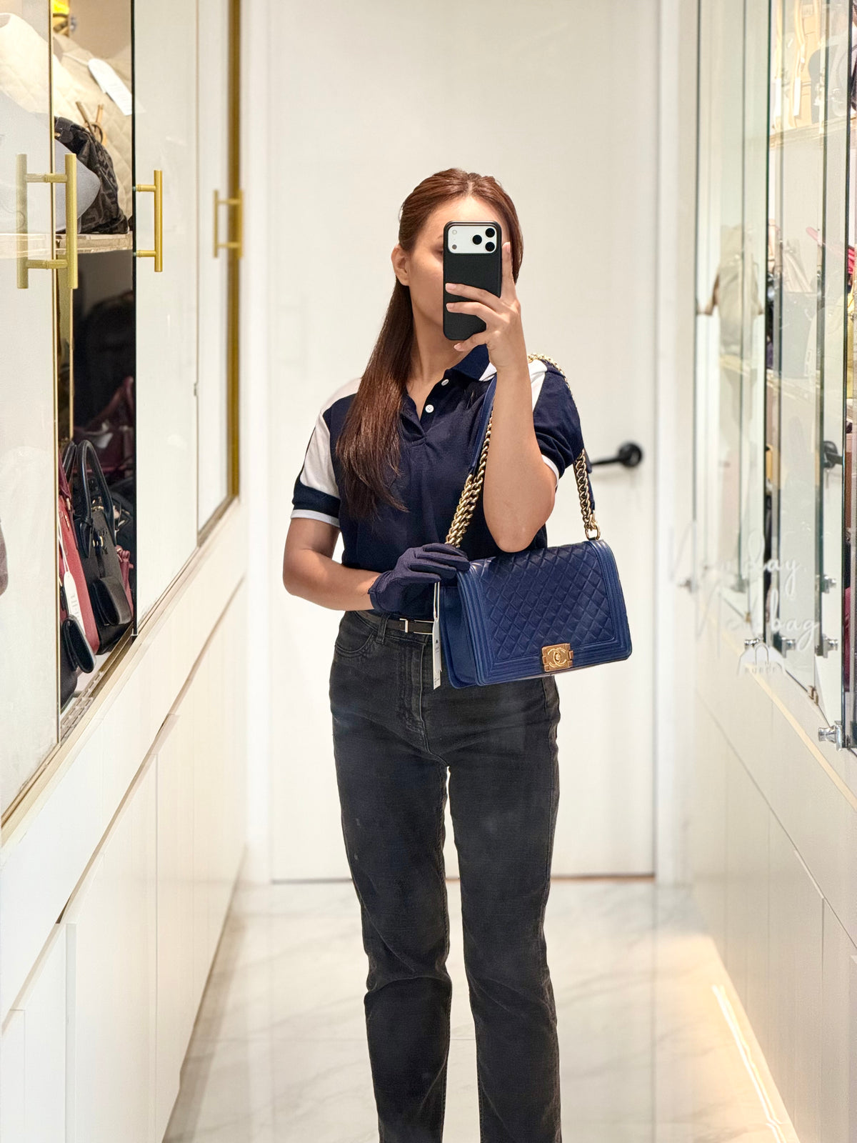 Chanel Boy New Medium in Navy Blue Quilted Lambskin Leather and Gold Hardware Series 23 | Purse Maison Luxury Bags Shop
