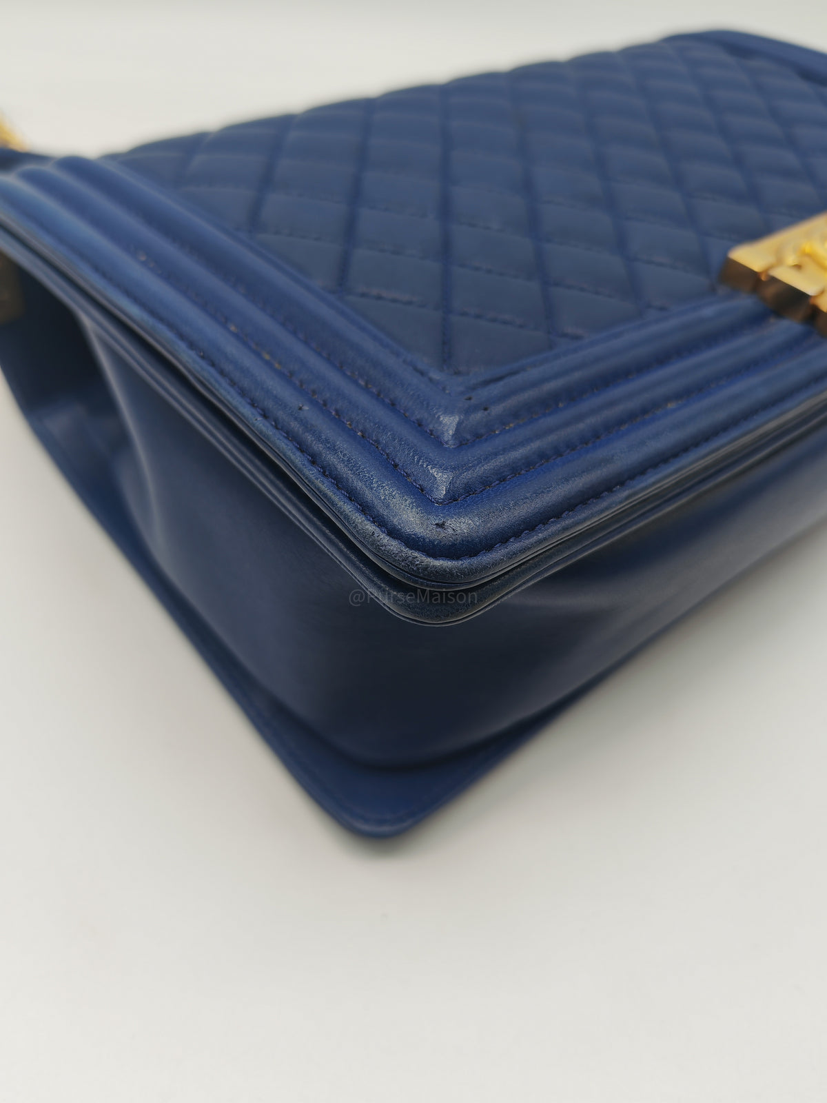 Chanel Boy New Medium in Navy Blue Quilted Lambskin Leather and Gold Hardware Series 23 | Purse Maison Luxury Bags Shop
