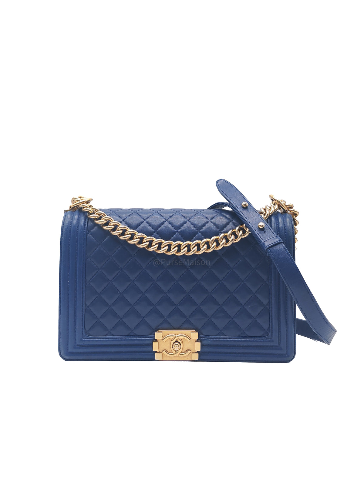 Chanel Boy New Medium in Navy Blue Quilted Lambskin Leather and Gold Hardware Series 23 | Purse Maison Luxury Bags Shop