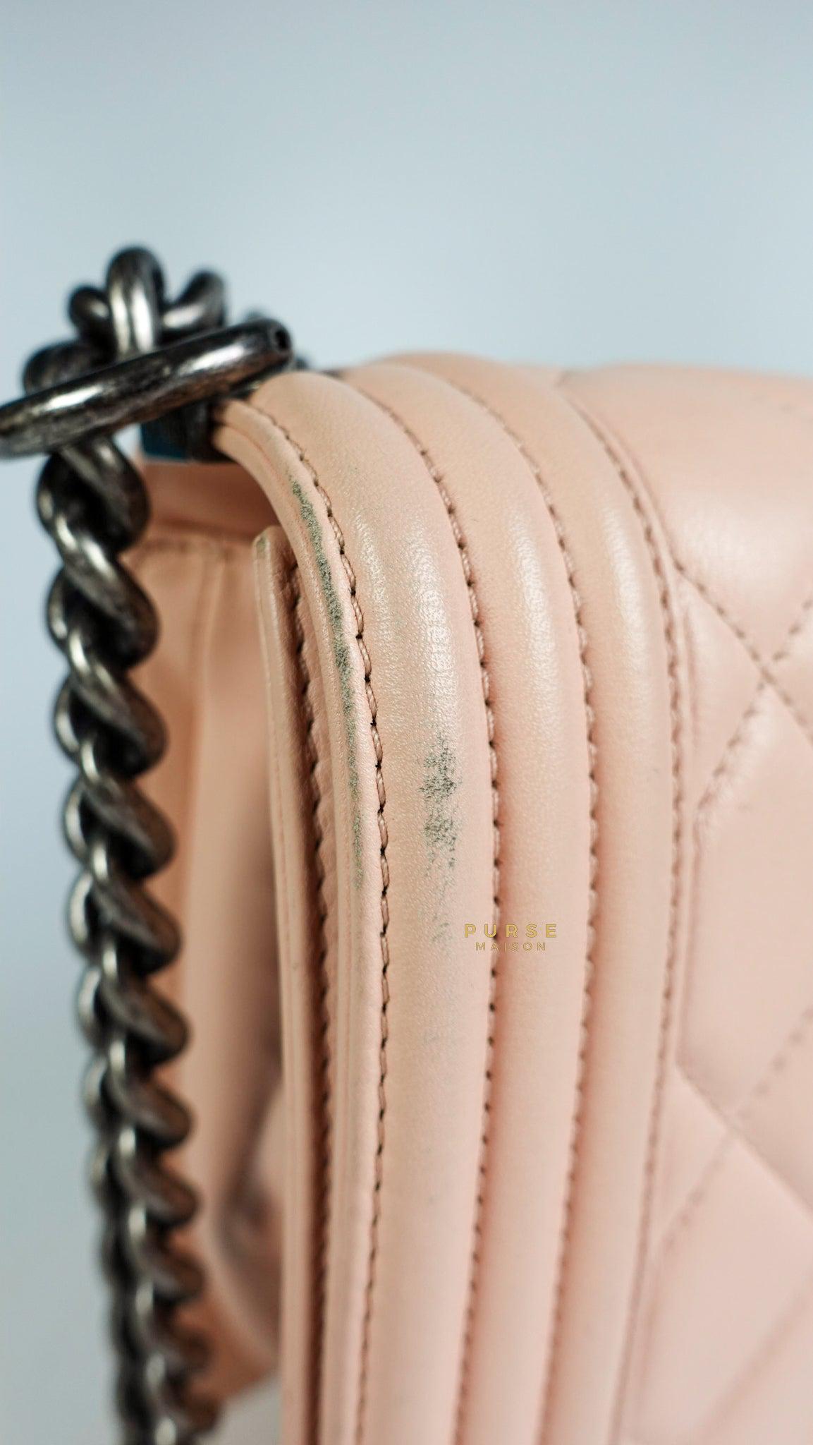 Chanel Boy New Medium in Nude Beige Lambskin Leather & Ruthenium Hardware (Series 19)