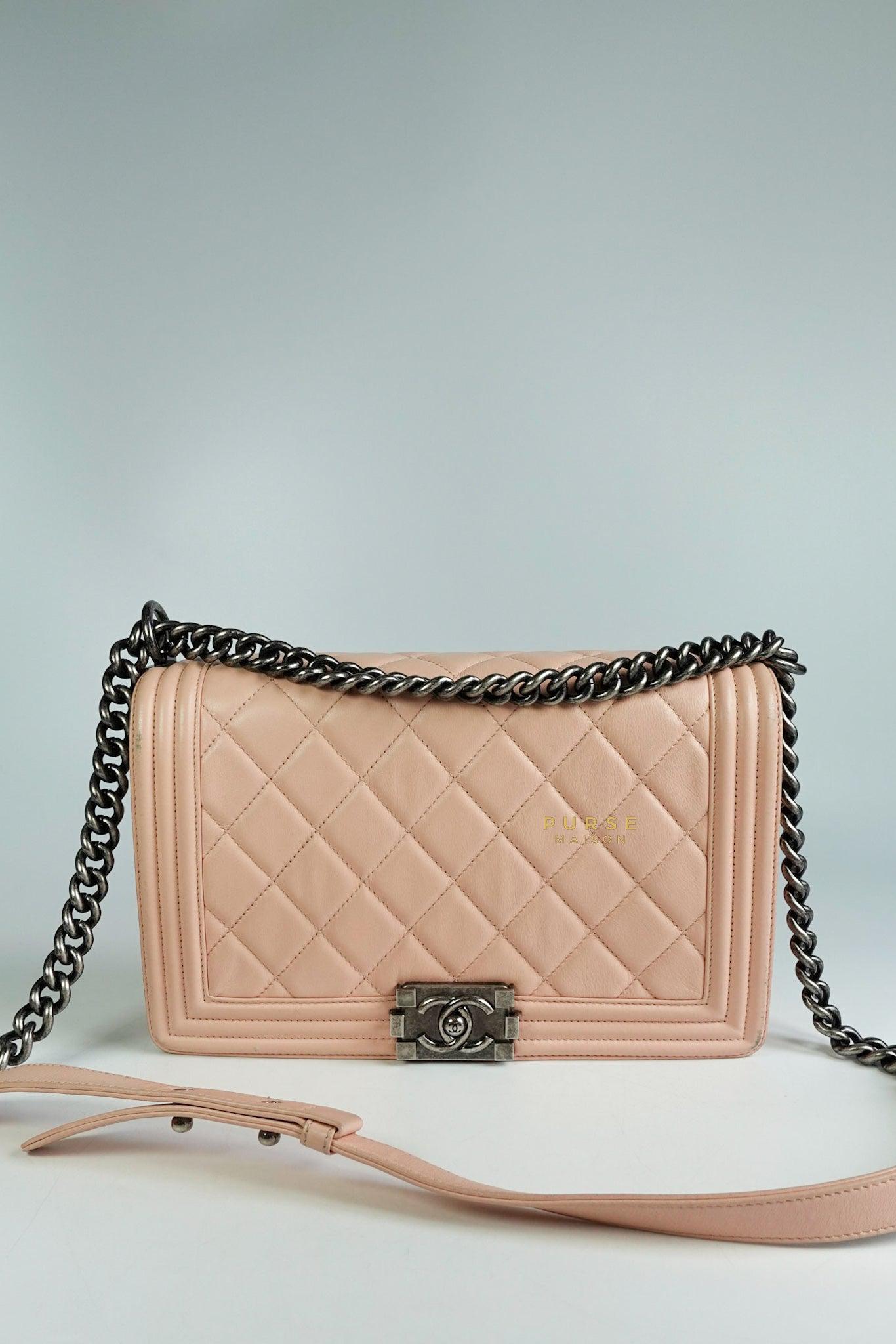 Chanel Boy New Medium in Nude Beige Lambskin Leather & Ruthenium Hardware (Series 19)