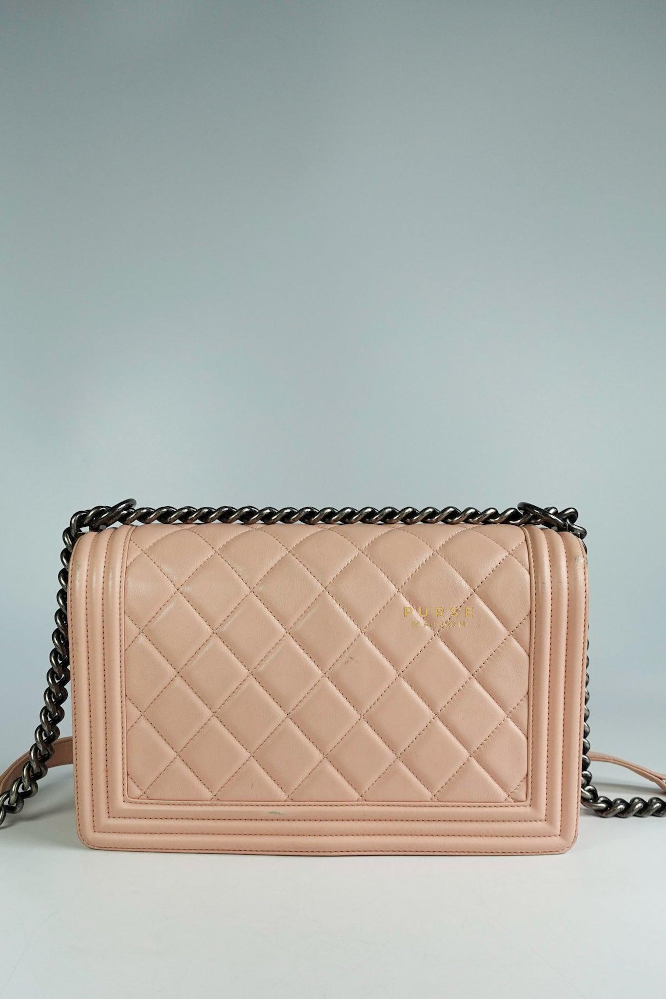 Chanel Boy New Medium in Nude Beige Lambskin Leather & Ruthenium Hardware (Series 19)