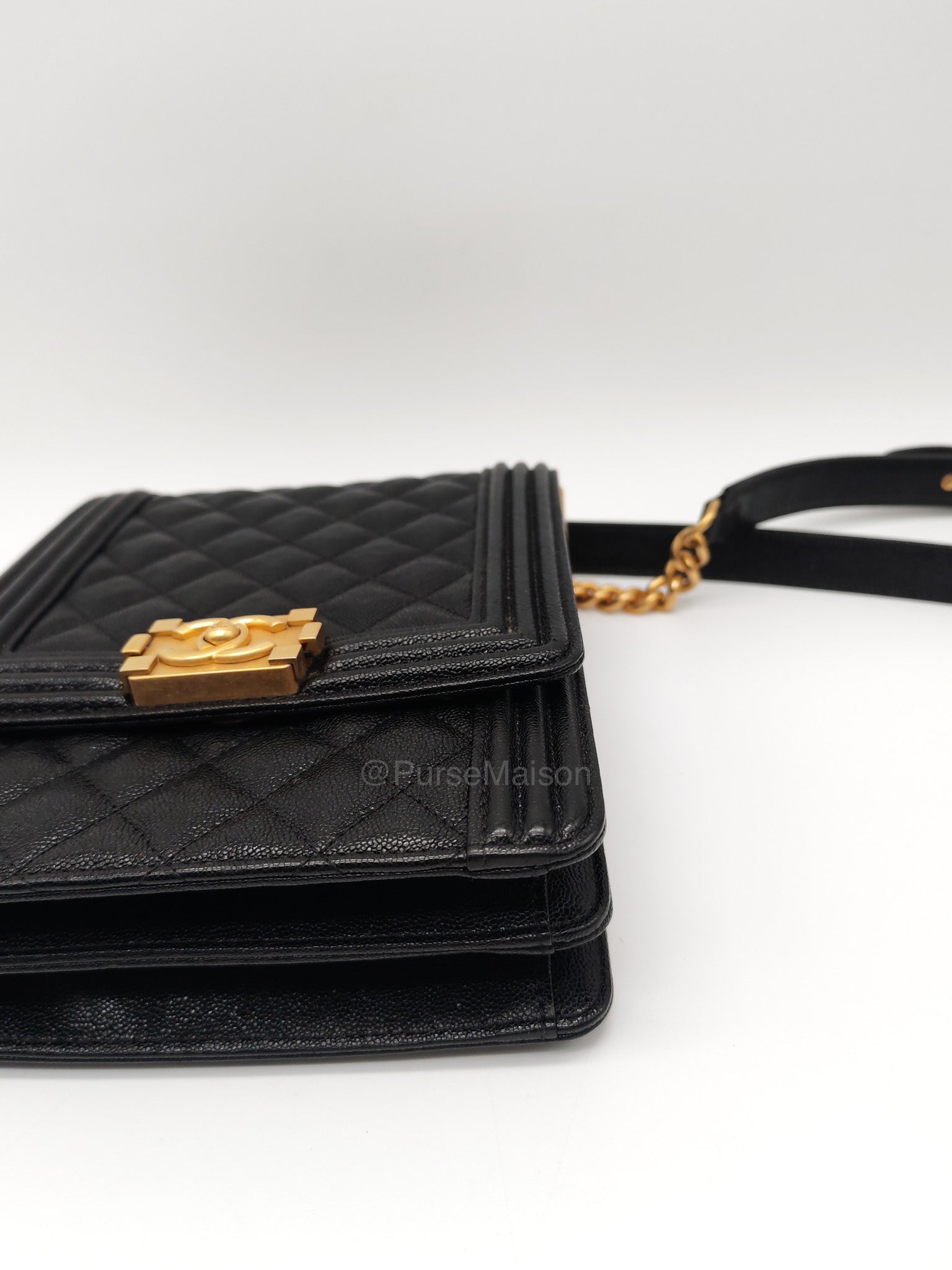 Chanel Boy North South Flap Bag in Black Quilted Caviar Leather and Aged Gold Hardware Series 28 | Purse Maison Luxury Bags Shop