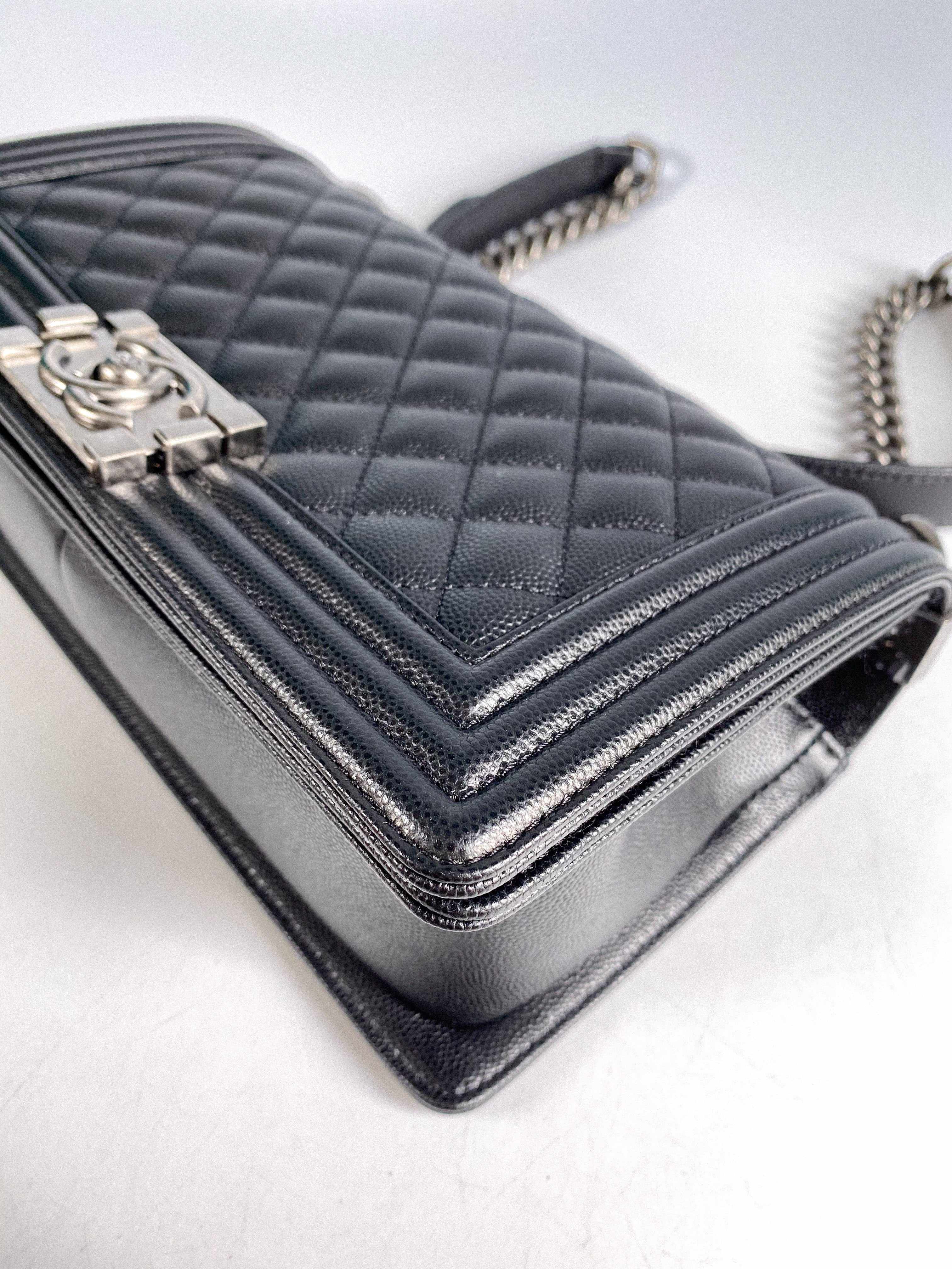 Chanel Boy Old Medium in Black Caviar Leather and Aged Ruthenium Hardware (Microchip)