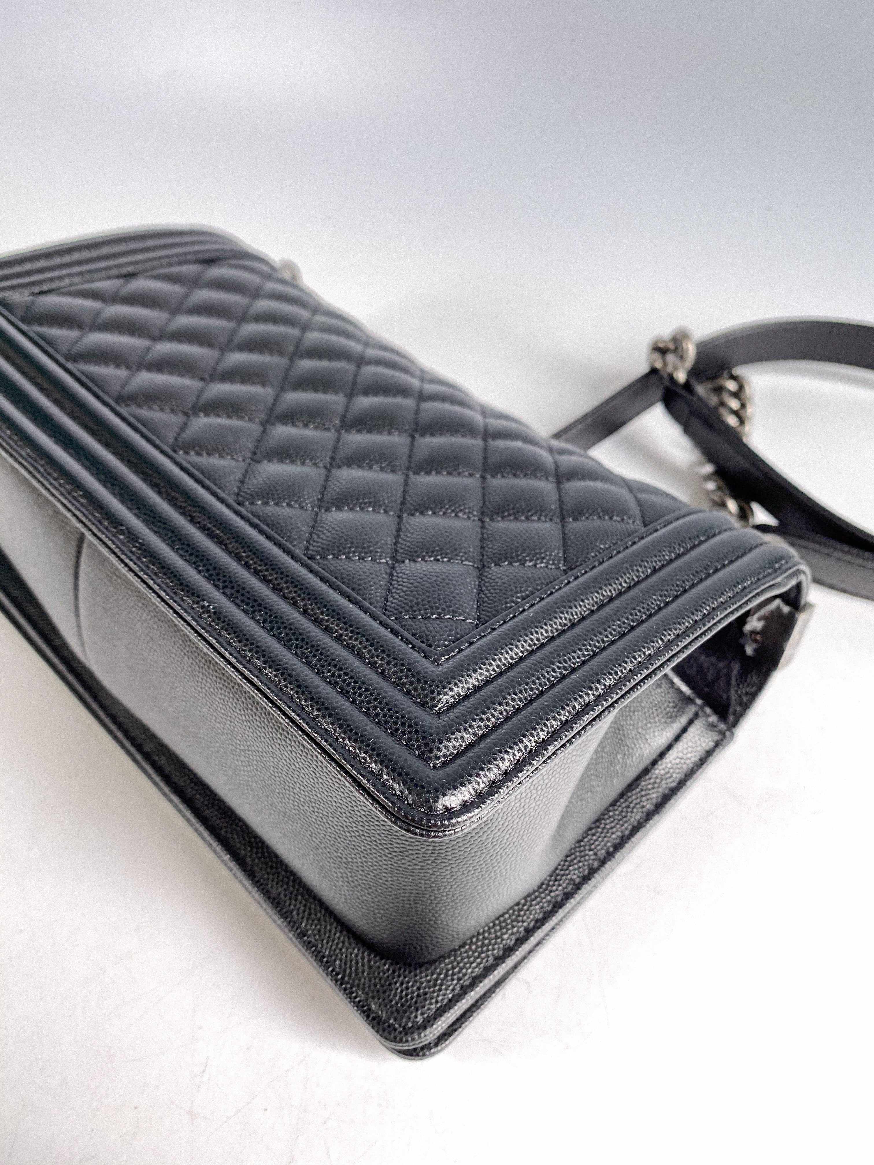 Chanel Boy Old Medium in Black Caviar Leather and Aged Ruthenium Hardware (Microchip)