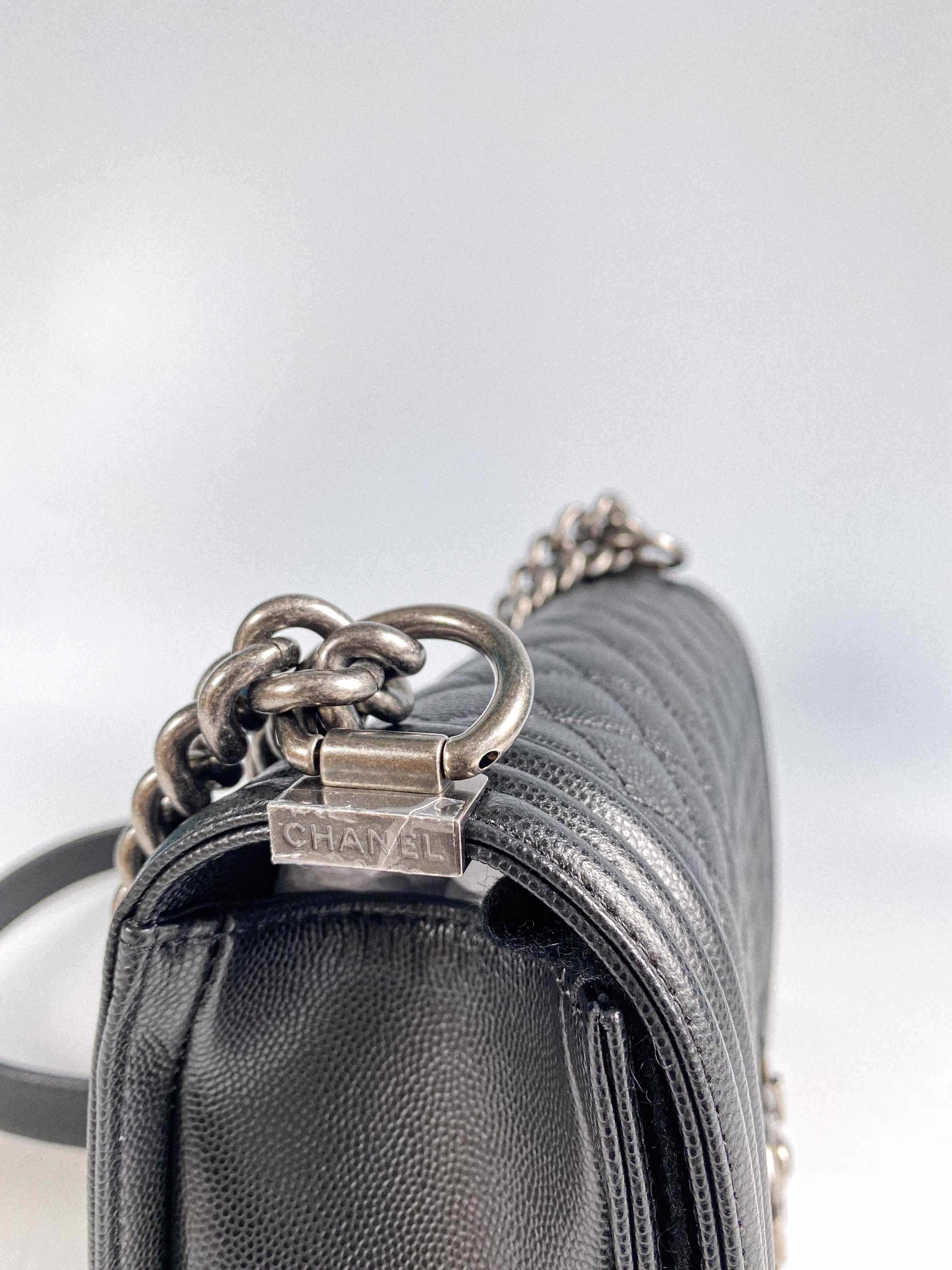 Chanel Boy Old Medium in Black Caviar Leather and Aged Ruthenium Hardware (Microchip)