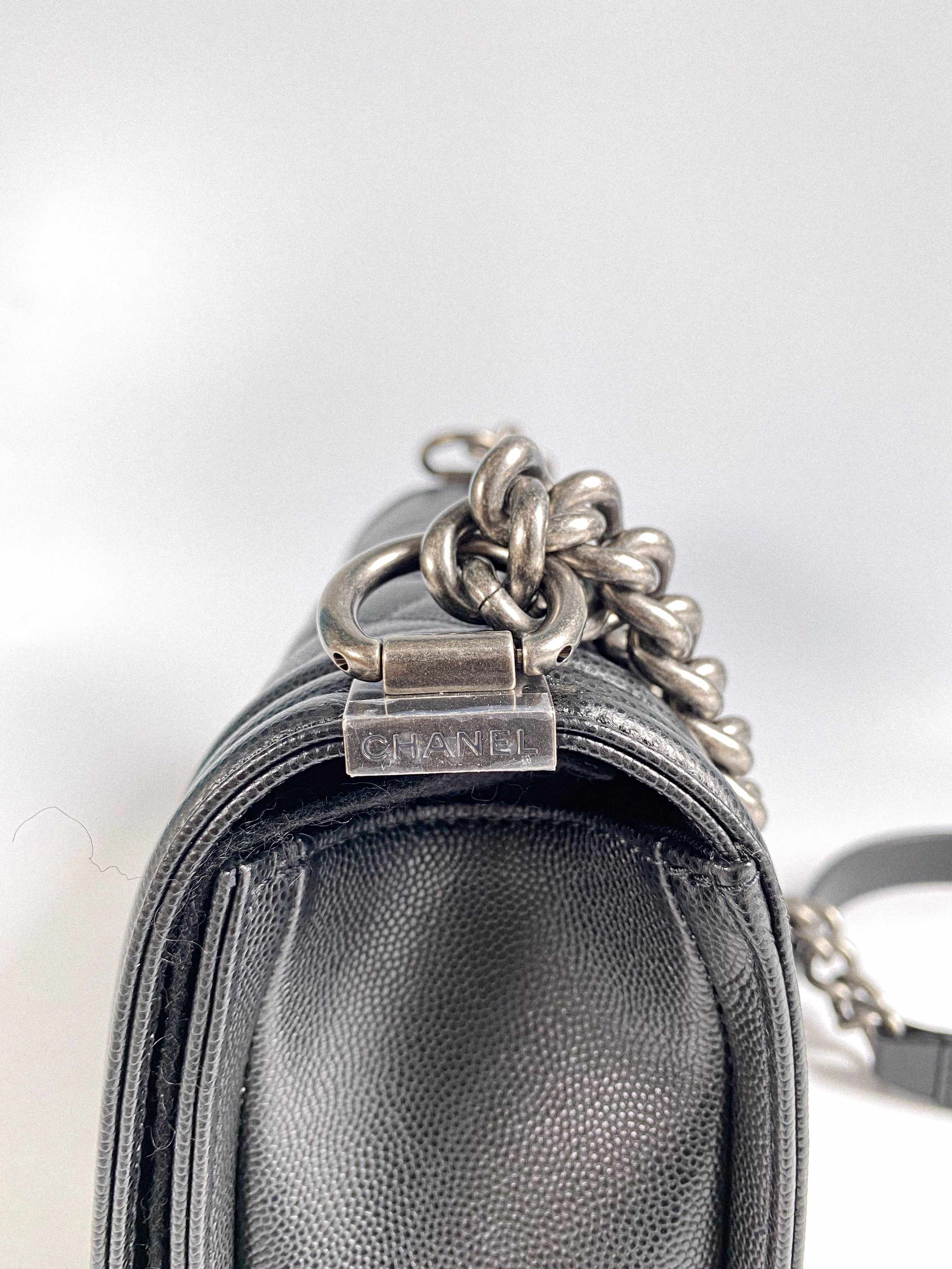 Chanel Boy Old Medium in Black Caviar Leather and Aged Ruthenium Hardware (Microchip)