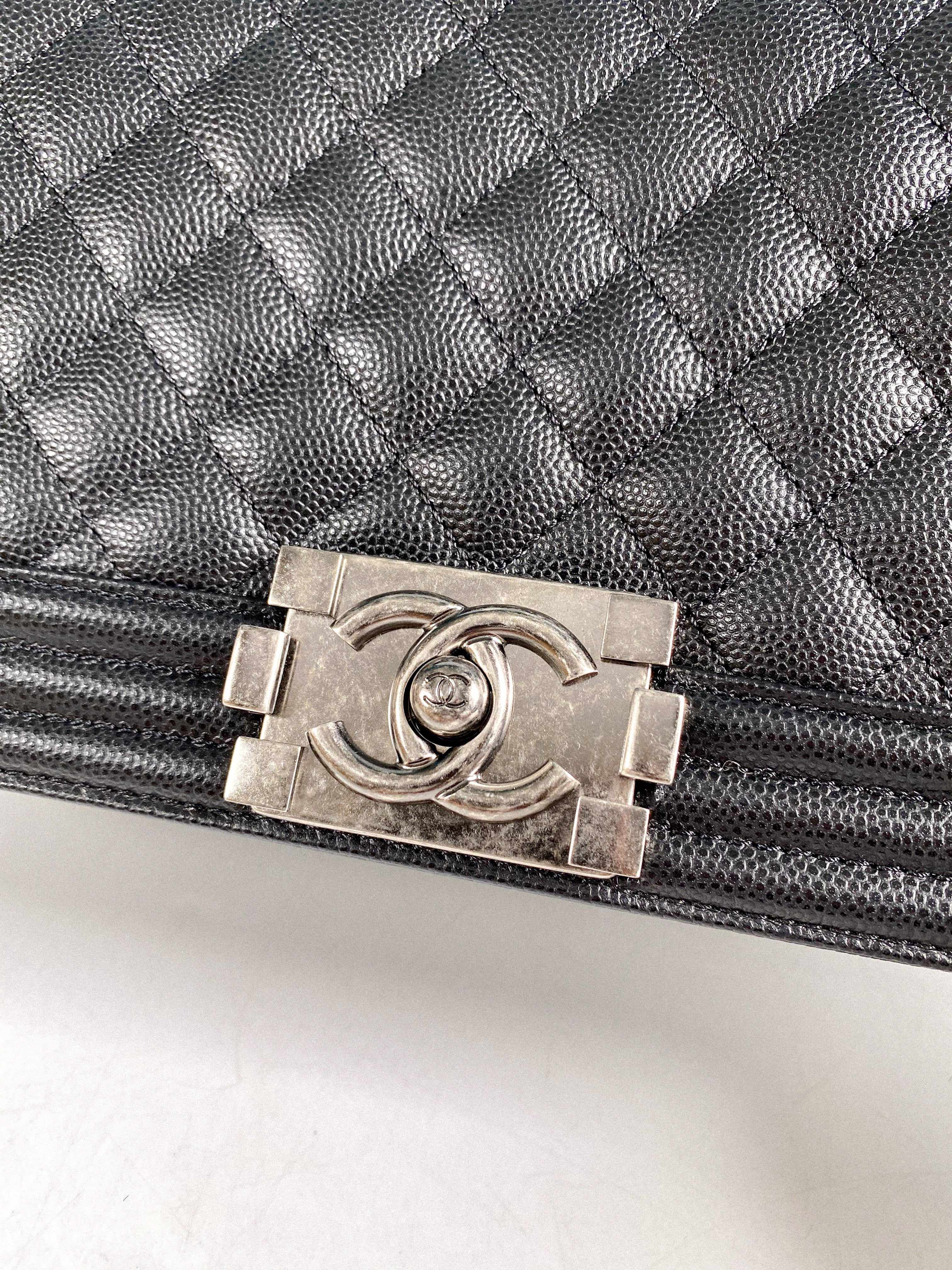Chanel Boy Old Medium in Black Caviar Leather and Aged Ruthenium Hardware (Microchip)