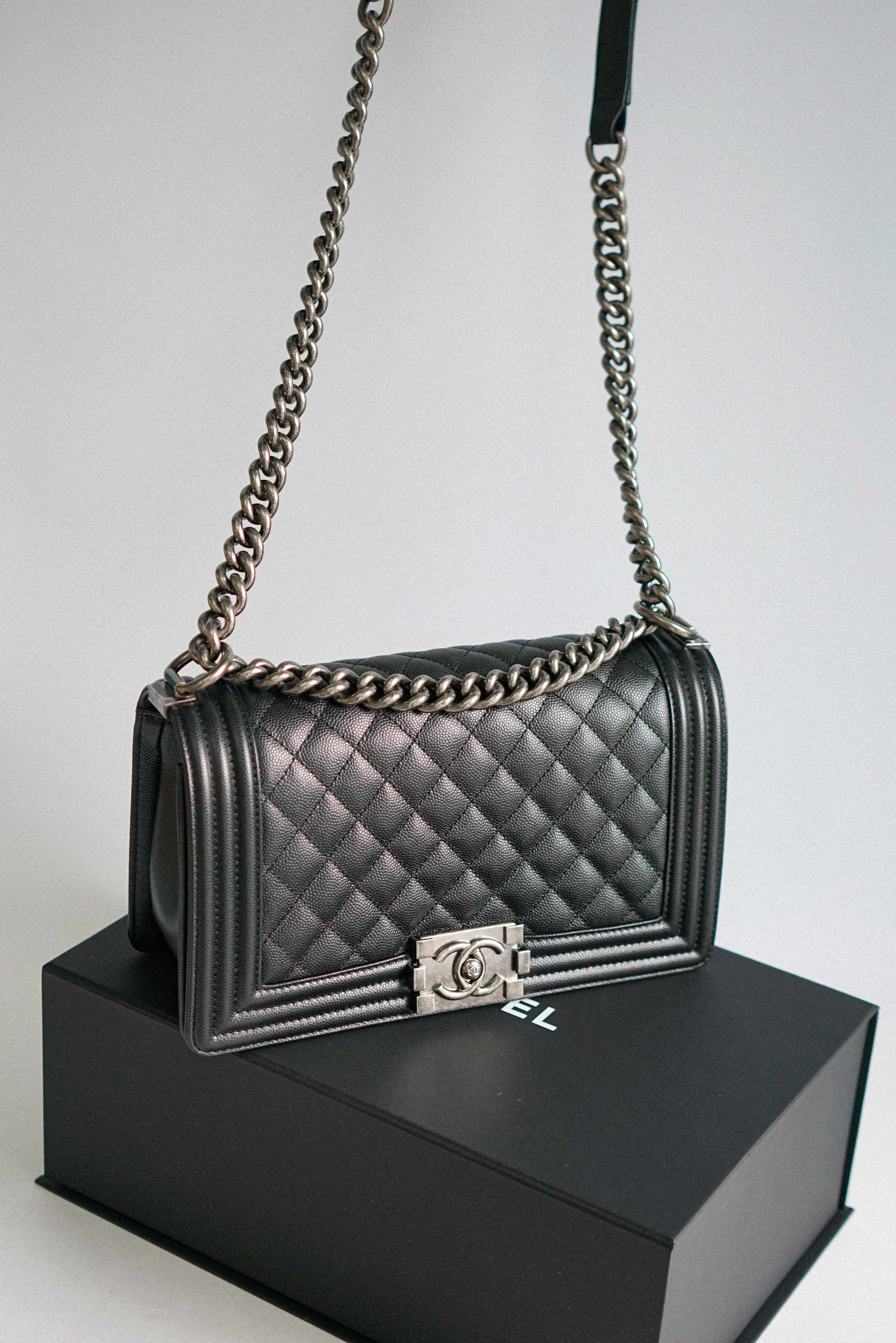 Chanel Boy Old Medium in Black Caviar Leather and Aged Ruthenium Hardware (Microchip)