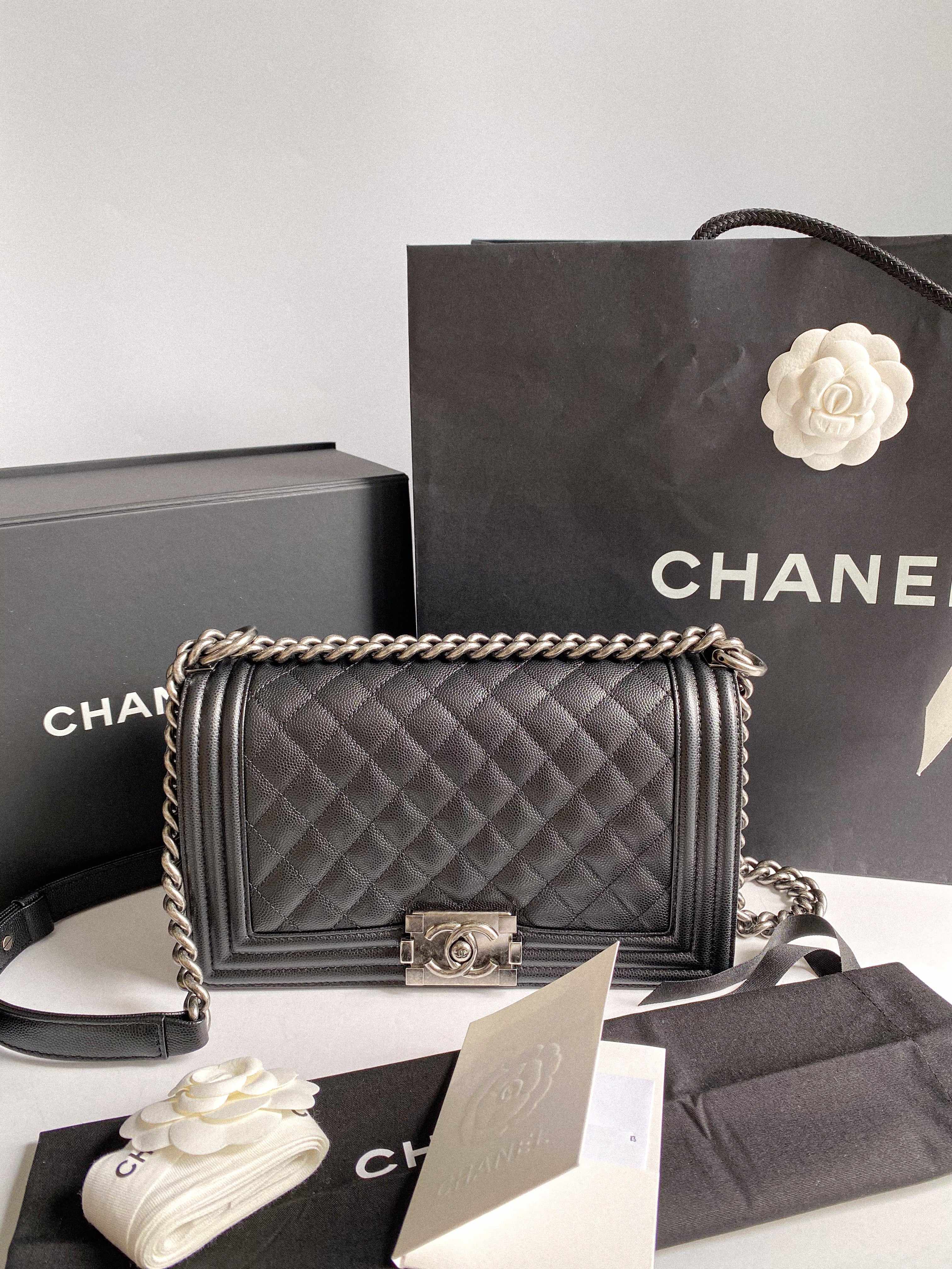 Chanel Boy Old Medium in Black Caviar Leather and Aged Ruthenium Hardware (Microchip)