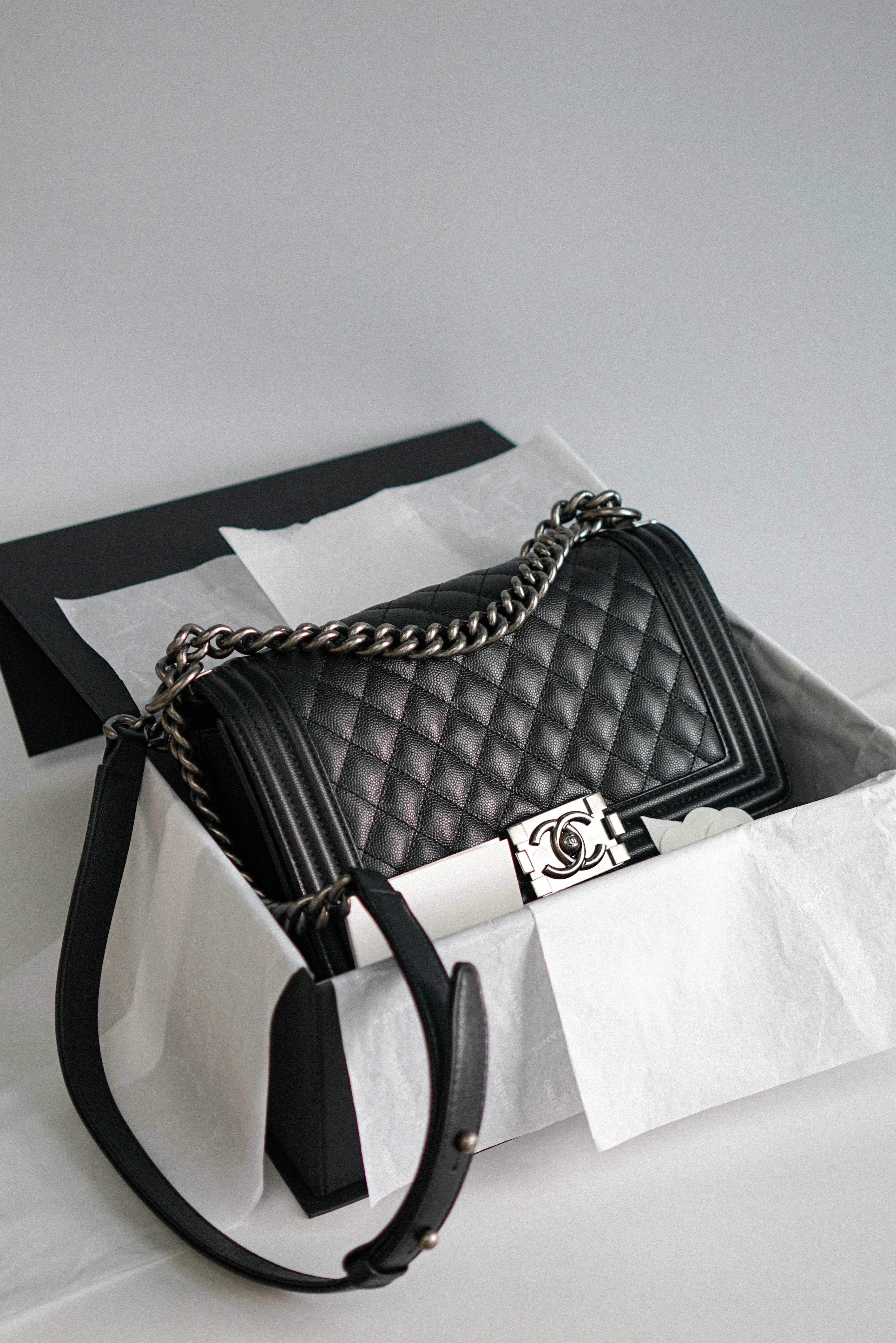 Chanel Boy Old Medium in Black Caviar Leather and Aged Ruthenium Hardware (Microchip)
