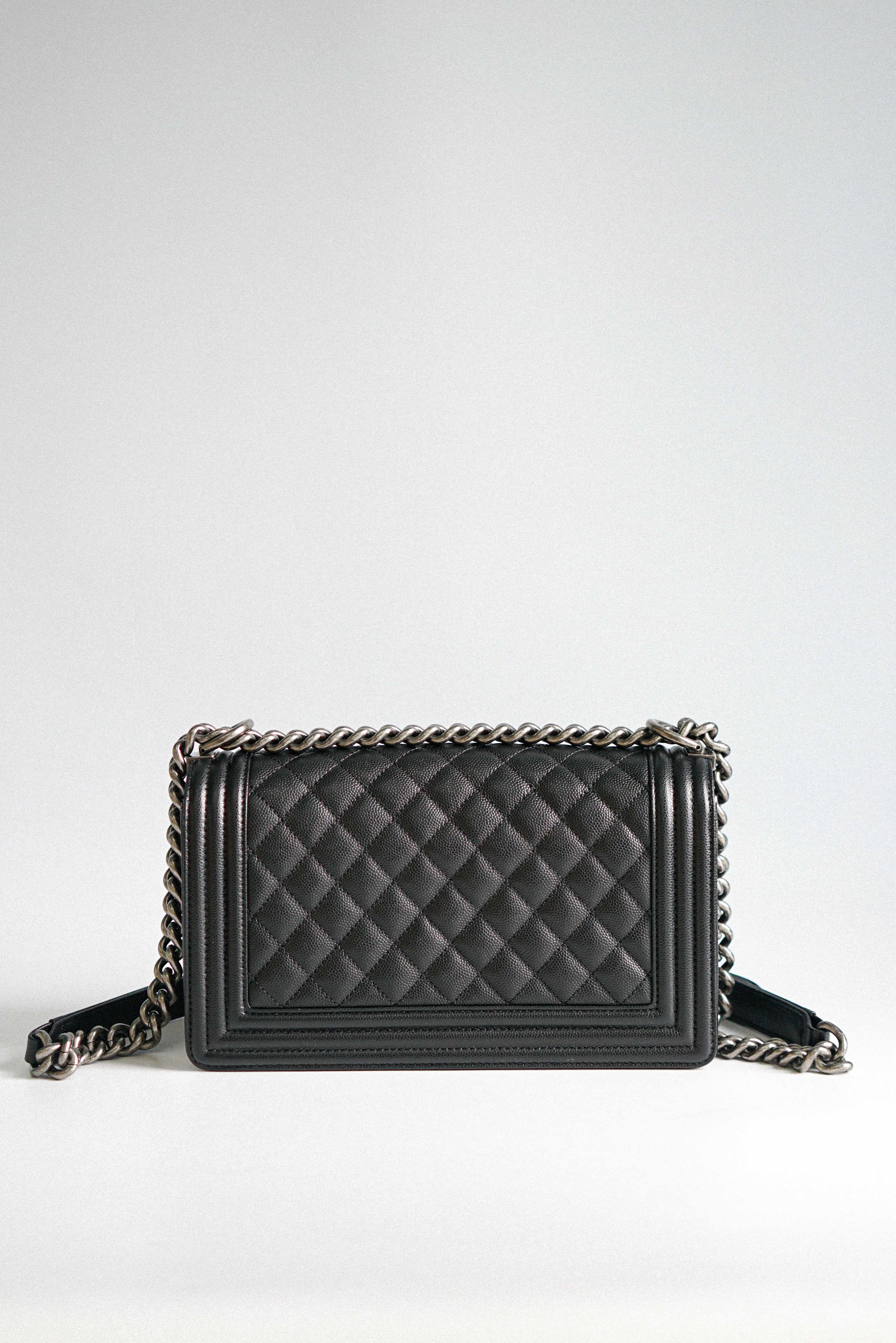 Chanel Boy Old Medium in Black Caviar Leather and Aged Ruthenium Hardware (Microchip)