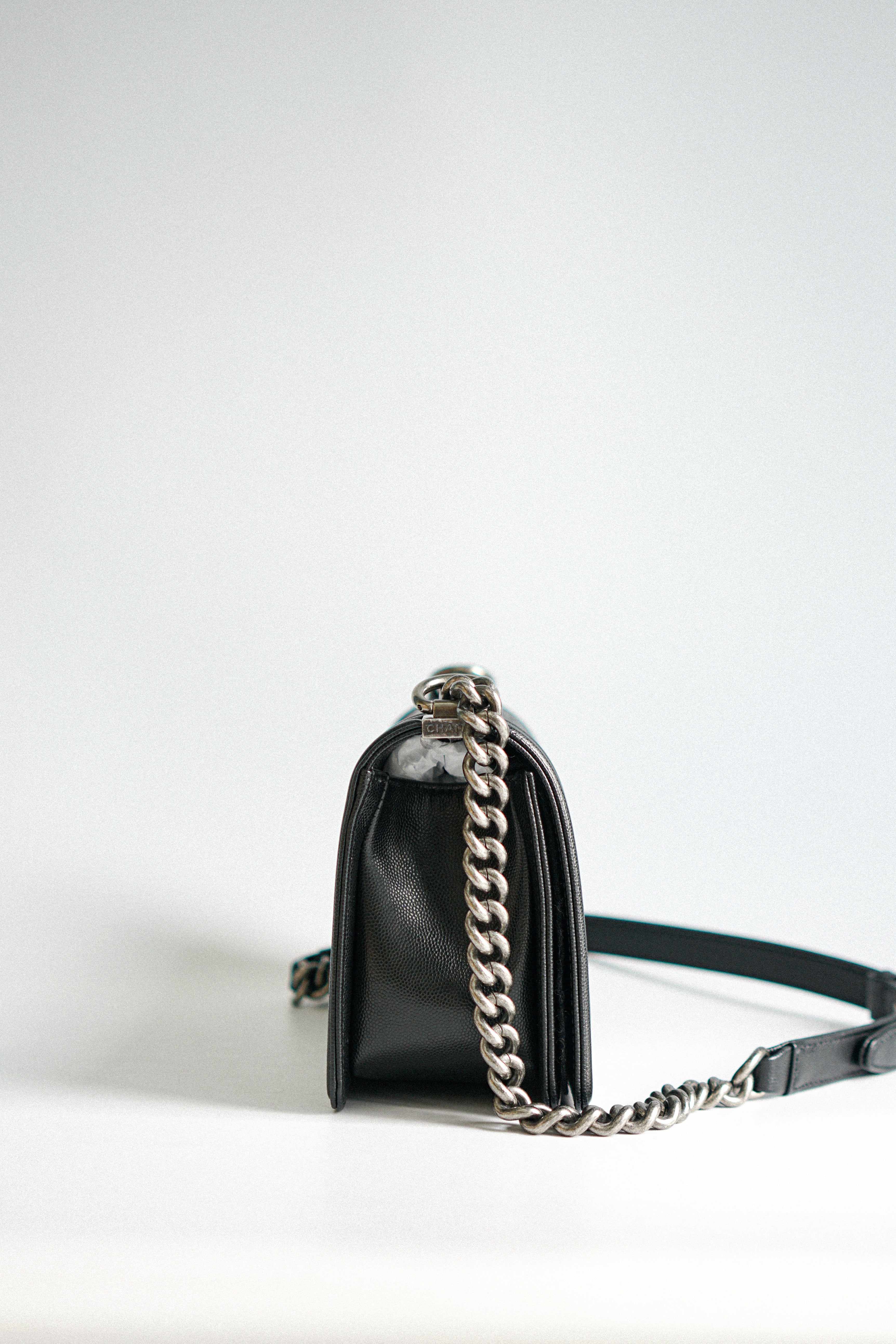 Chanel Boy Old Medium in Black Caviar Leather and Aged Ruthenium Hardware (Microchip)