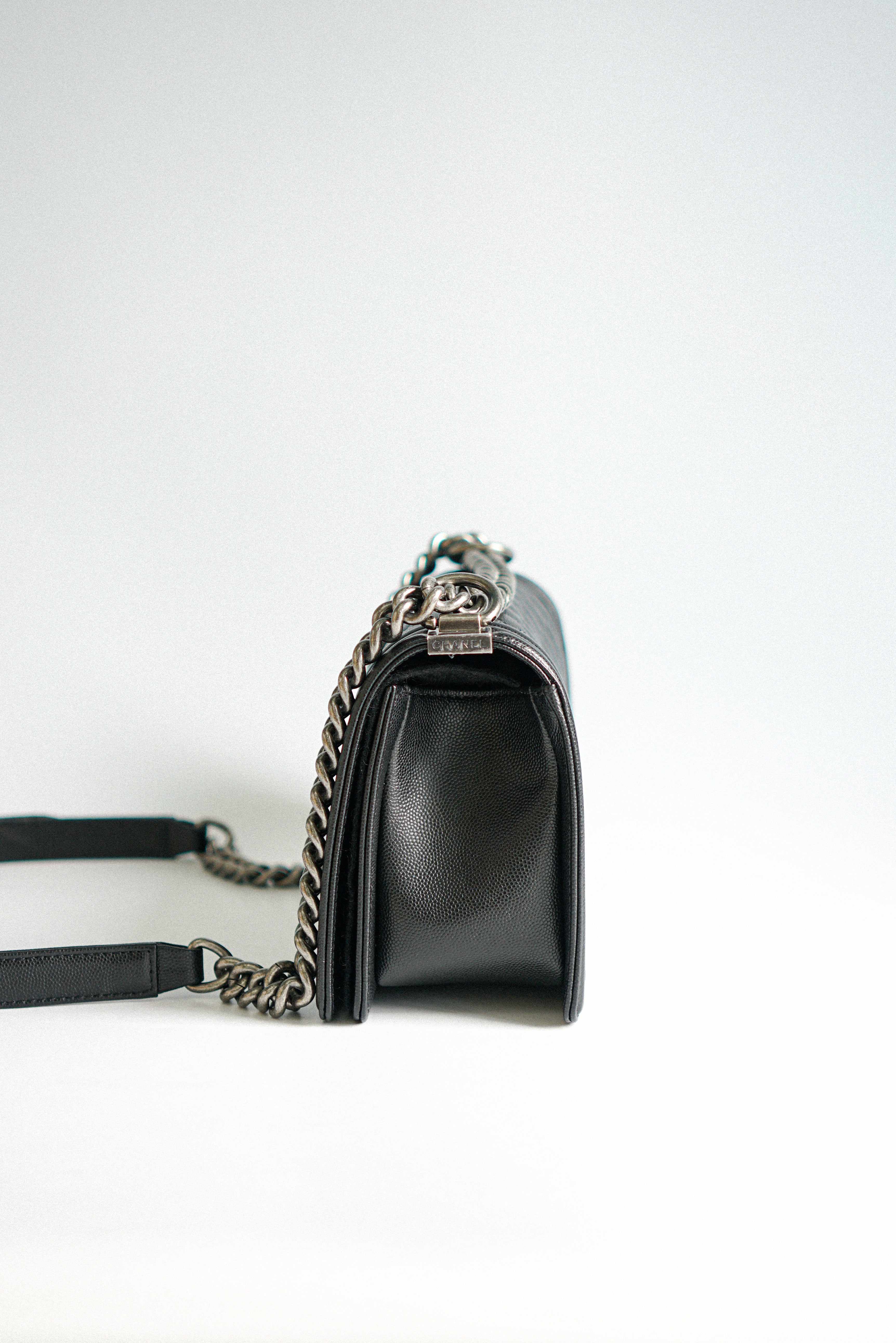 Chanel Boy Old Medium in Black Caviar Leather and Aged Ruthenium Hardware (Microchip)