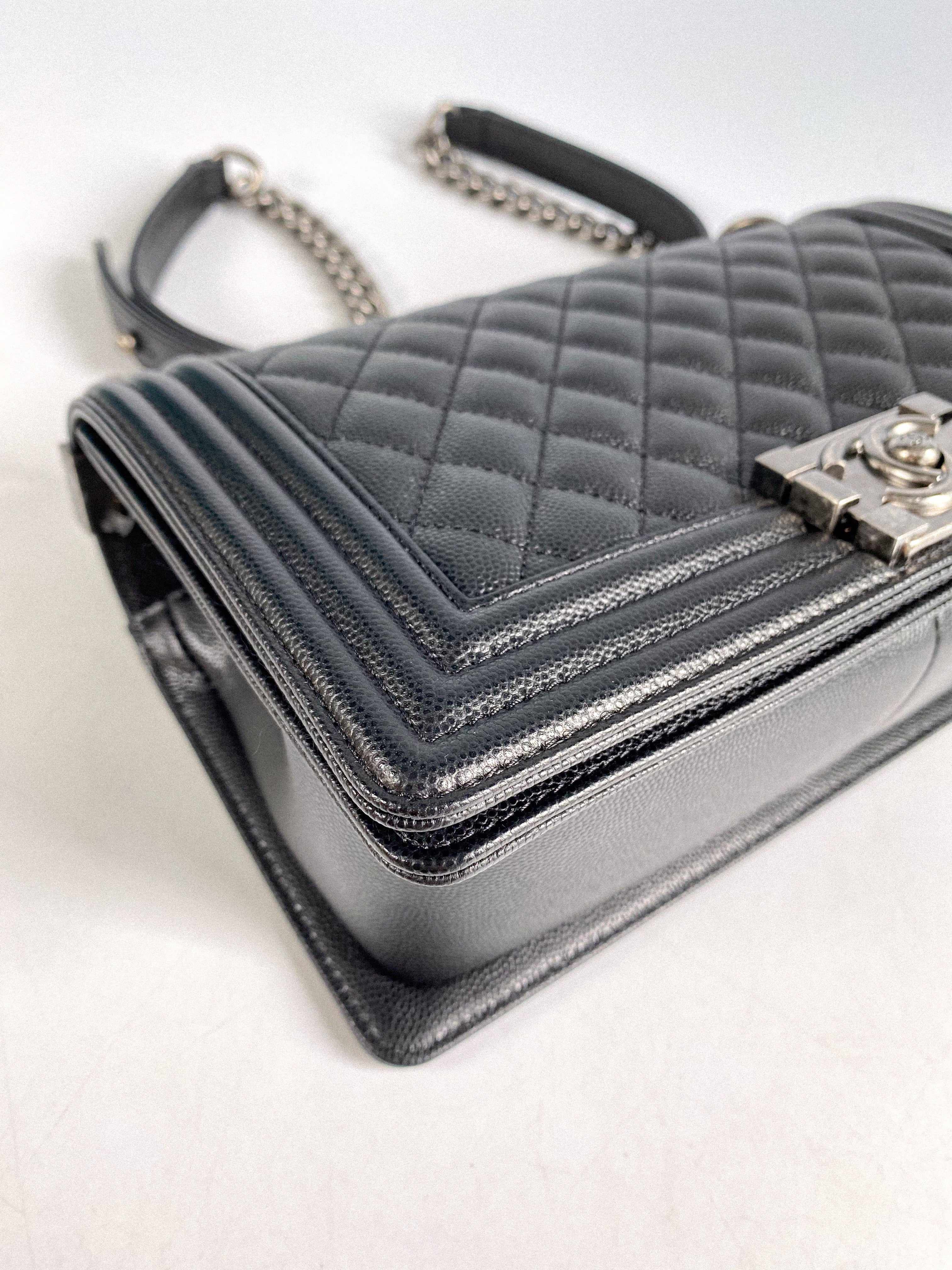 Chanel Boy Old Medium in Black Caviar Leather and Aged Ruthenium Hardware (Microchip)