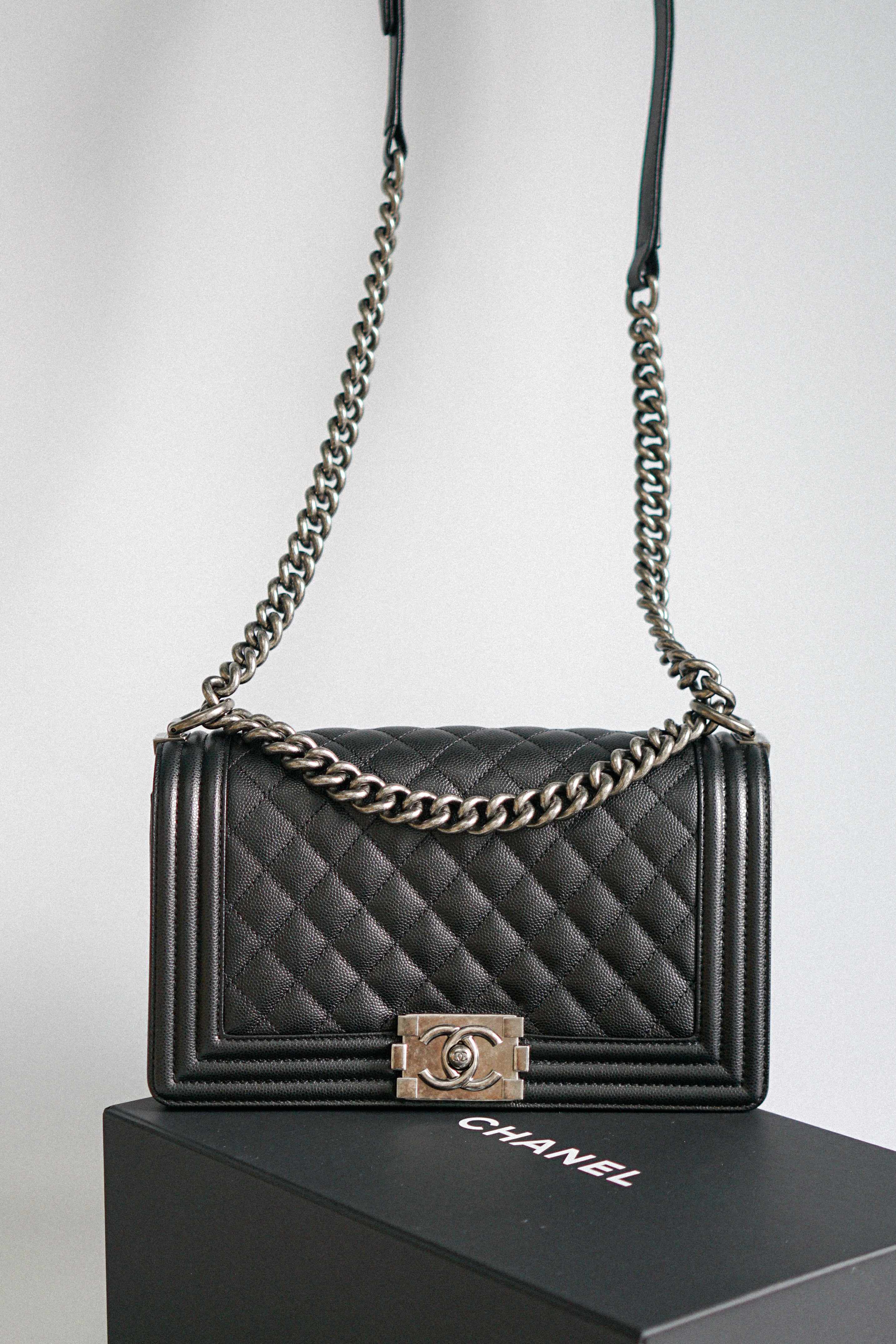 Chanel Boy Old Medium in Black Caviar Leather and Aged Ruthenium Hardware (Microchip)