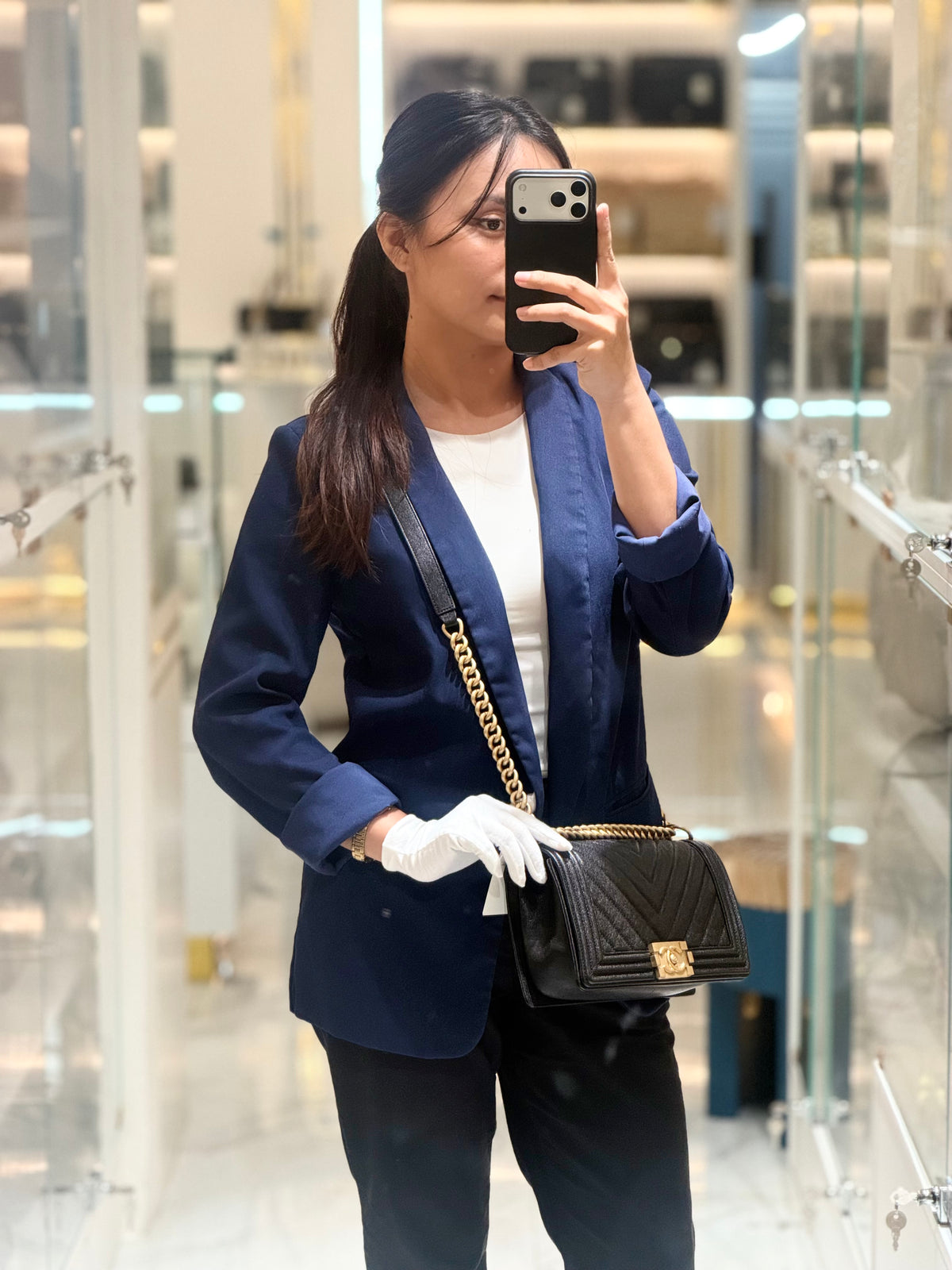 Chanel Boy Old Medium in Black Chevron Calfskin Leather and Aged Gold Hardware Series 26 | Purse Maison Luxury Bags Shop