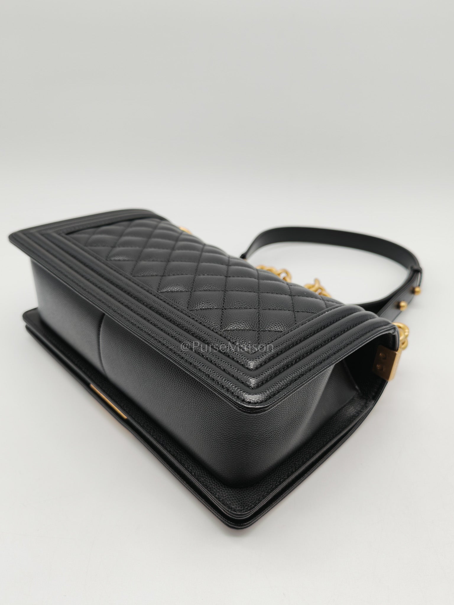 Chanel Boy Old Medium in Black Quilted Caviar Leather and Aged Gold Hardware Microchip | Purse Maison Luxury Bags Shop