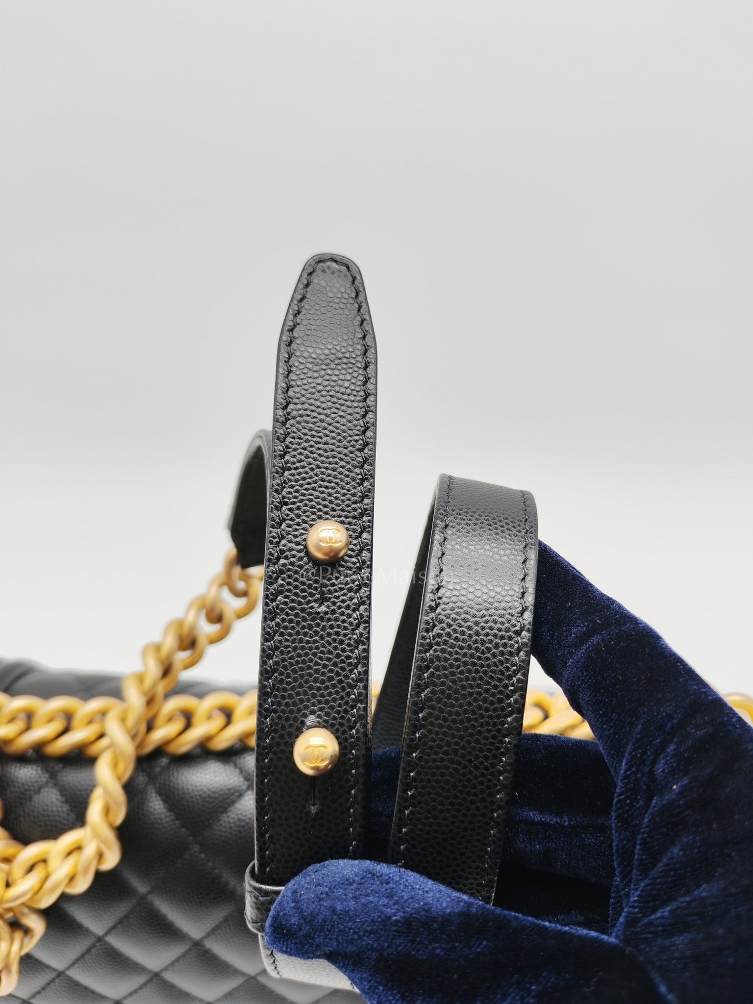 Chanel Boy Old Medium in Black Quilted Caviar Leather and Aged Gold Hardware Microchip | Purse Maison Luxury Bags Shop