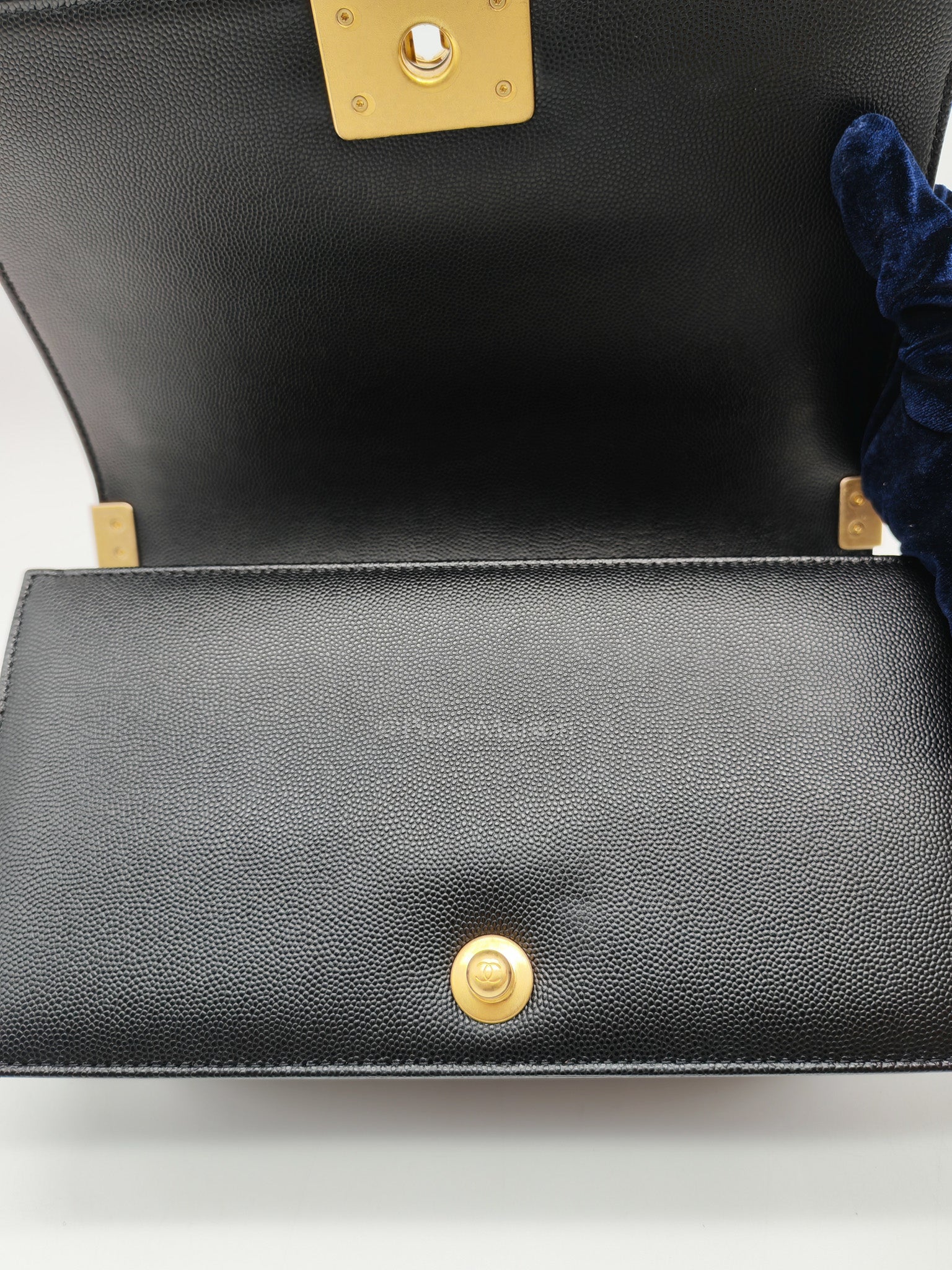 Chanel Boy Old Medium in Black Quilted Caviar Leather and Aged Gold Hardware Microchip | Purse Maison Luxury Bags Shop