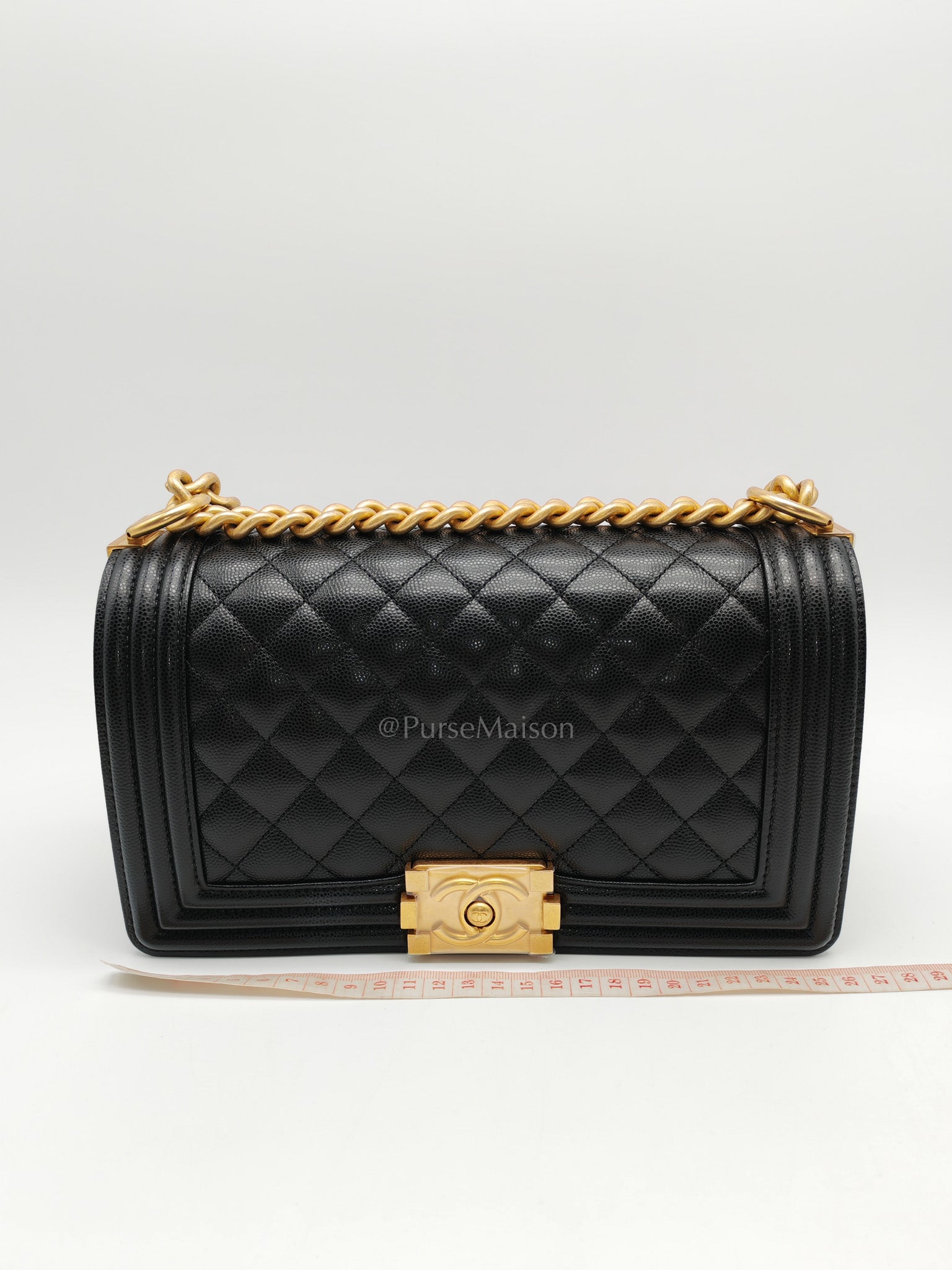 Chanel Boy Old Medium in Black Quilted Caviar Leather and Aged Gold Hardware Microchip | Purse Maison Luxury Bags Shop