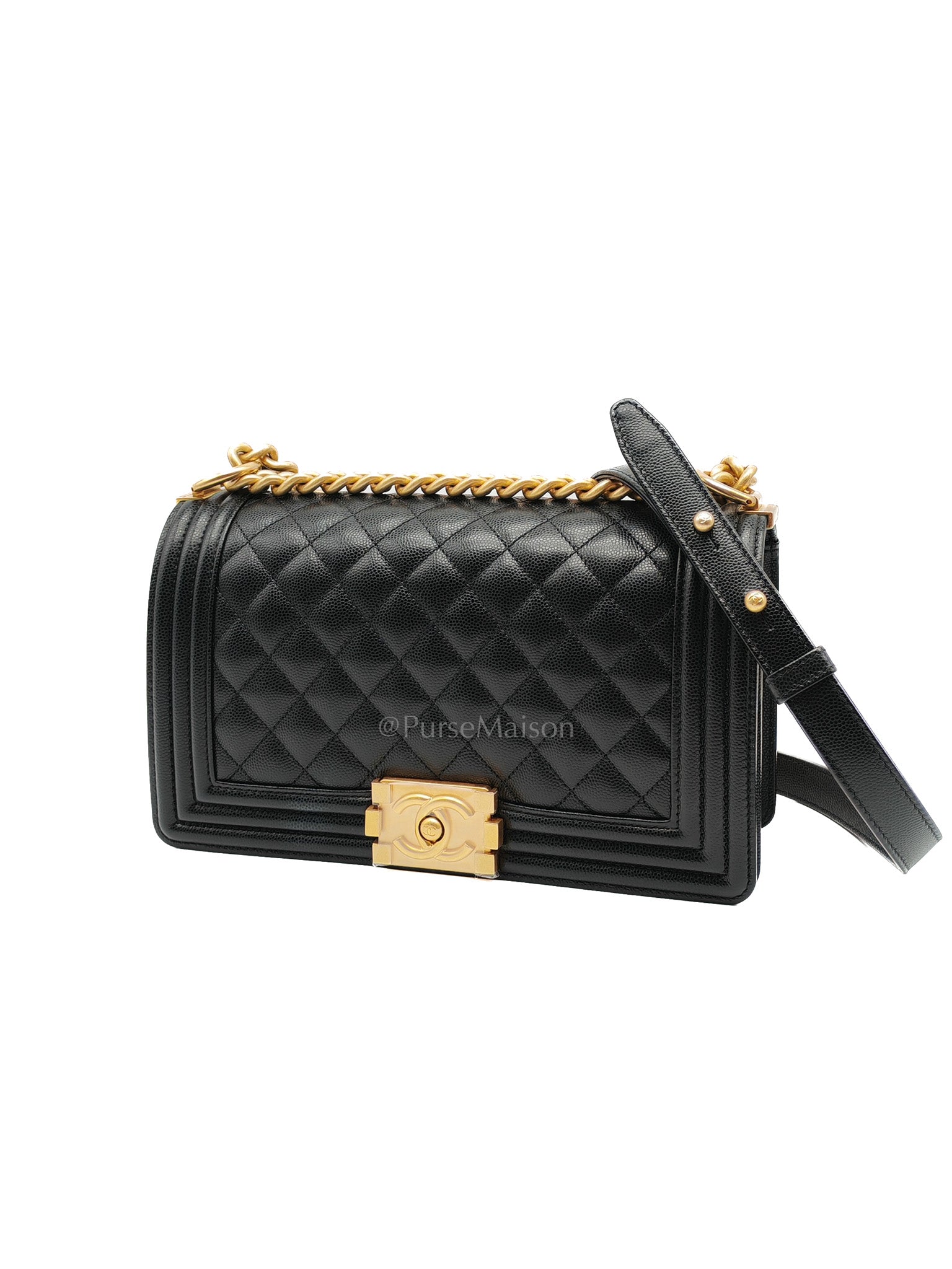 Chanel Boy Old Medium in Black Quilted Caviar Leather and Aged Gold Hardware Microchip | Purse Maison Luxury Bags Shop