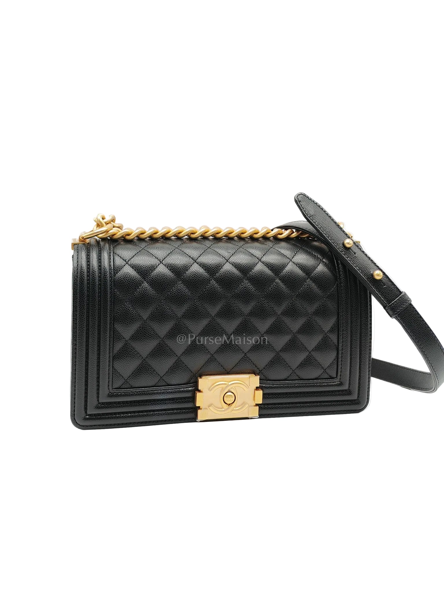 Chanel Boy Old Medium in Black Quilted Caviar Leather and Aged Gold Hardware Microchip | Purse Maison Luxury Bags Shop
