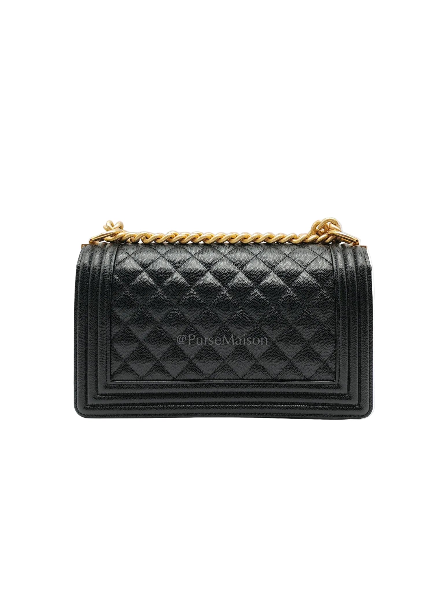 Chanel Boy Old Medium in Black Quilted Caviar Leather and Aged Gold Hardware Microchip | Purse Maison Luxury Bags Shop