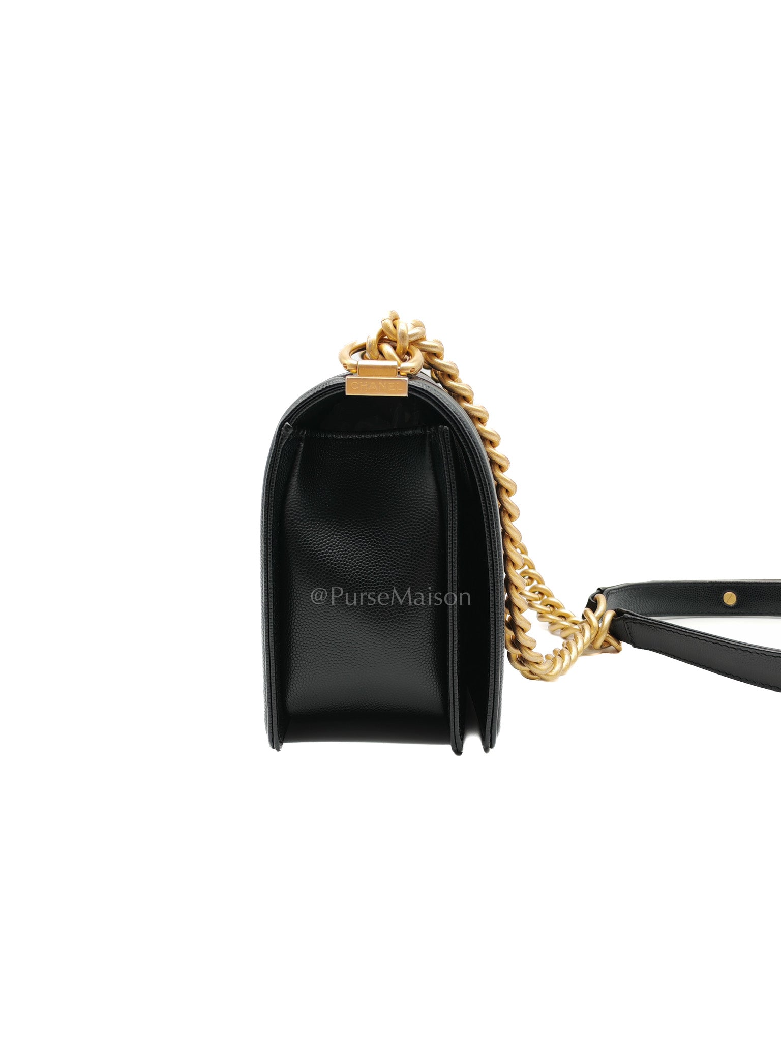 Chanel Boy Old Medium in Black Quilted Caviar Leather and Aged Gold Hardware Microchip | Purse Maison Luxury Bags Shop
