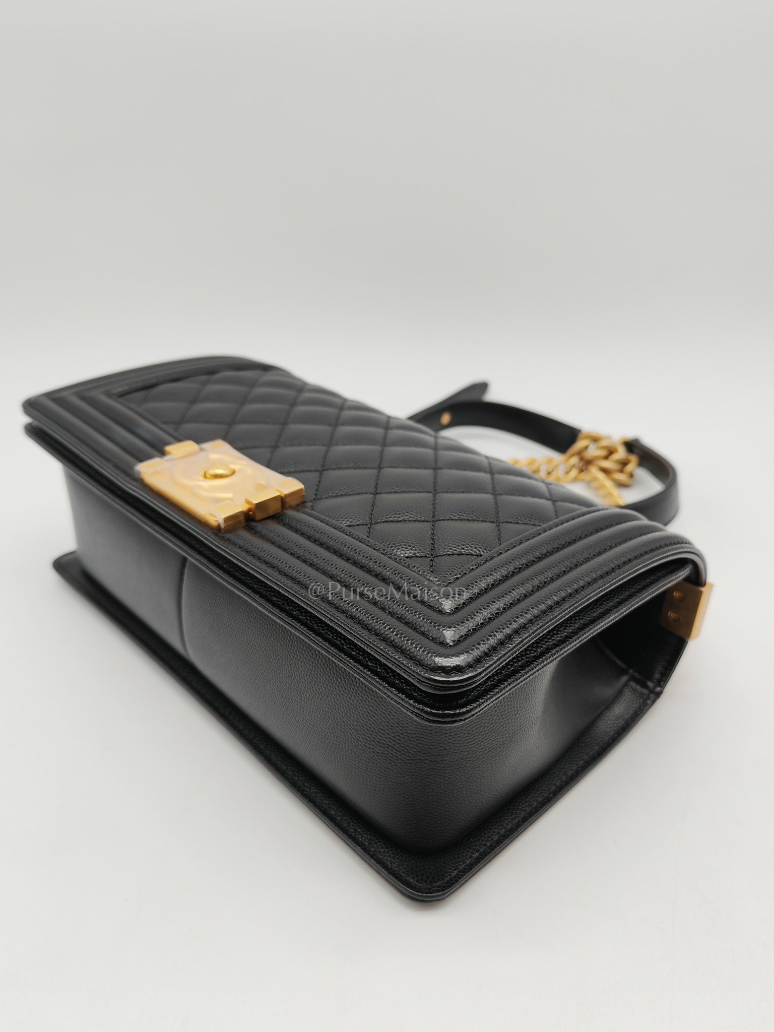 Chanel Boy Old Medium in Black Quilted Caviar Leather and Aged Gold Hardware Microchip | Purse Maison Luxury Bags Shop