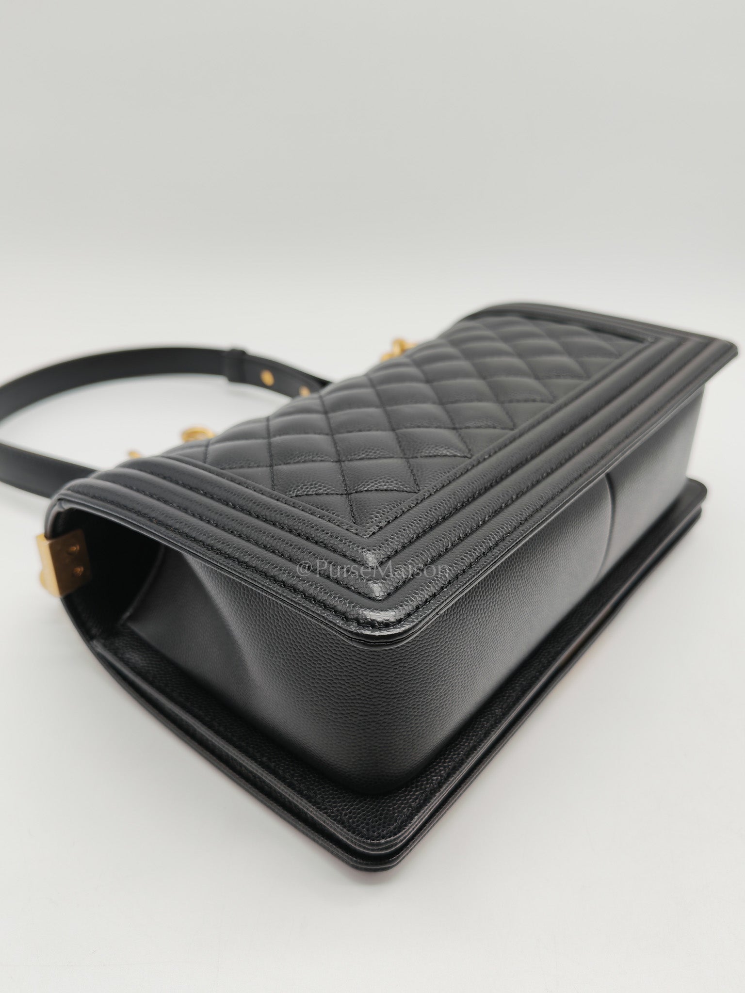 Chanel Boy Old Medium in Black Quilted Caviar Leather and Aged Gold Hardware Microchip | Purse Maison Luxury Bags Shop