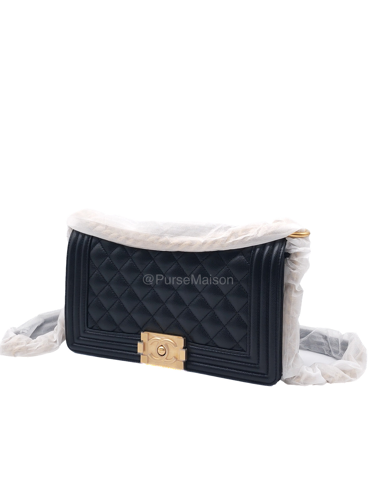 Chanel Boy Old Medium in Black Quilted Caviar Leather and Aged Gold Hardware Microchip (T0****HG) | Purse Maison Luxury Bags Shop