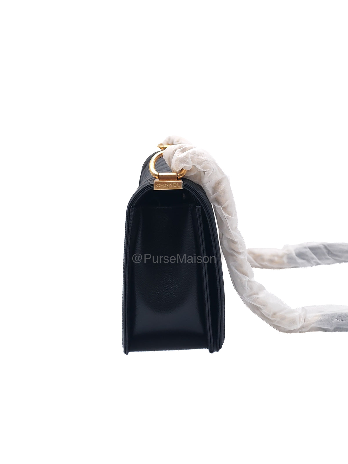Chanel Boy Old Medium in Black Quilted Caviar Leather and Aged Gold Hardware Microchip (T0****HG) | Purse Maison Luxury Bags Shop