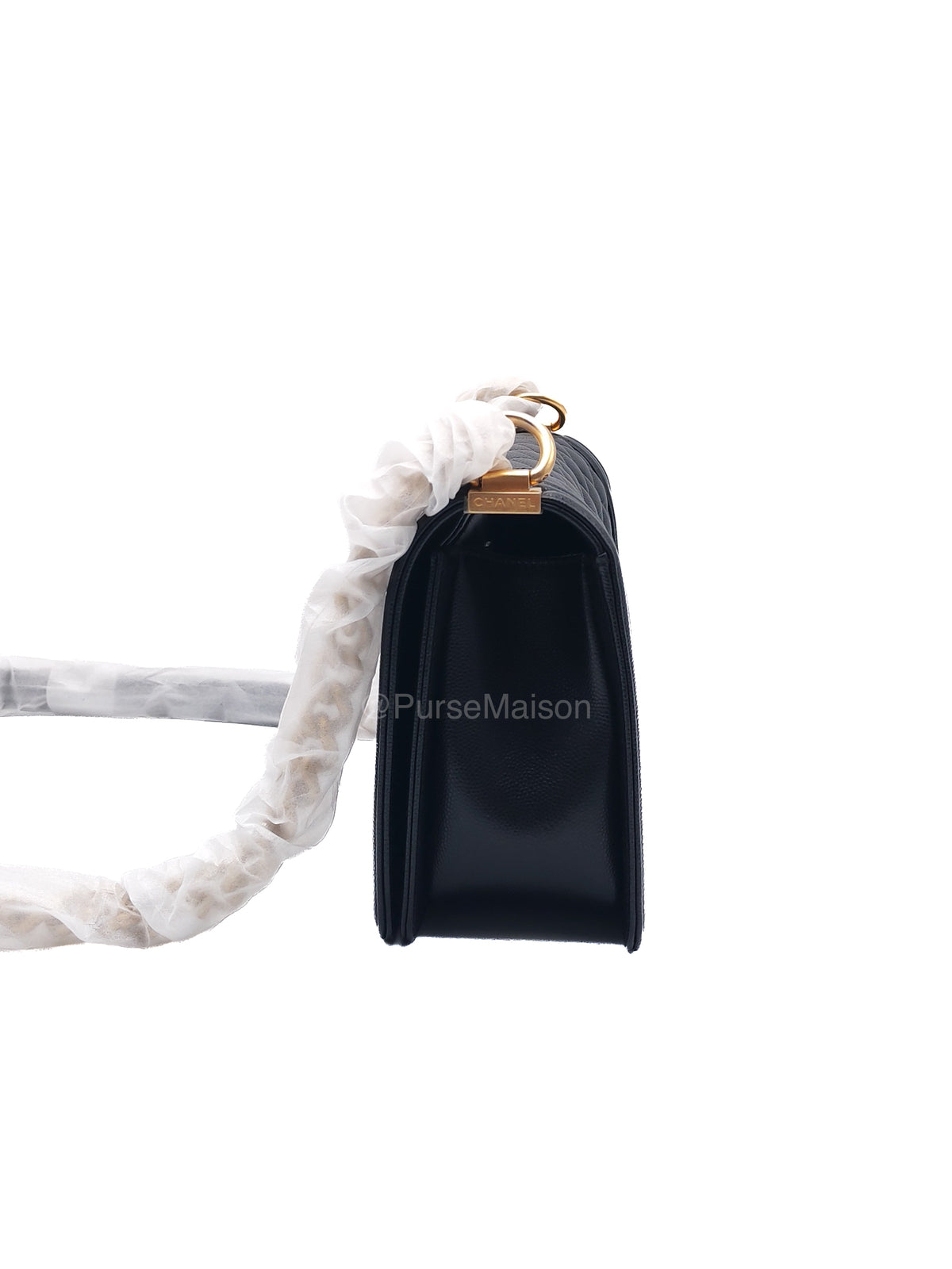 Chanel Boy Old Medium in Black Quilted Caviar Leather and Aged Gold Hardware Microchip (T0****HG) | Purse Maison Luxury Bags Shop