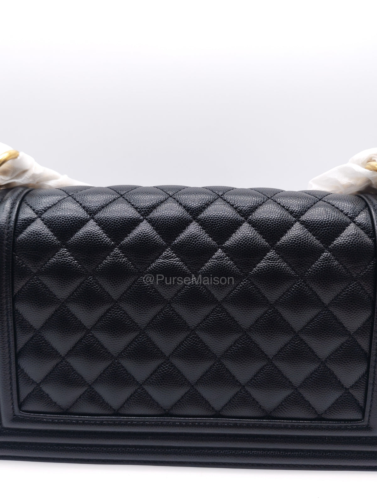 Chanel Boy Old Medium in Black Quilted Caviar Leather and Aged Gold Hardware Microchip (T0****HG) | Purse Maison Luxury Bags Shop