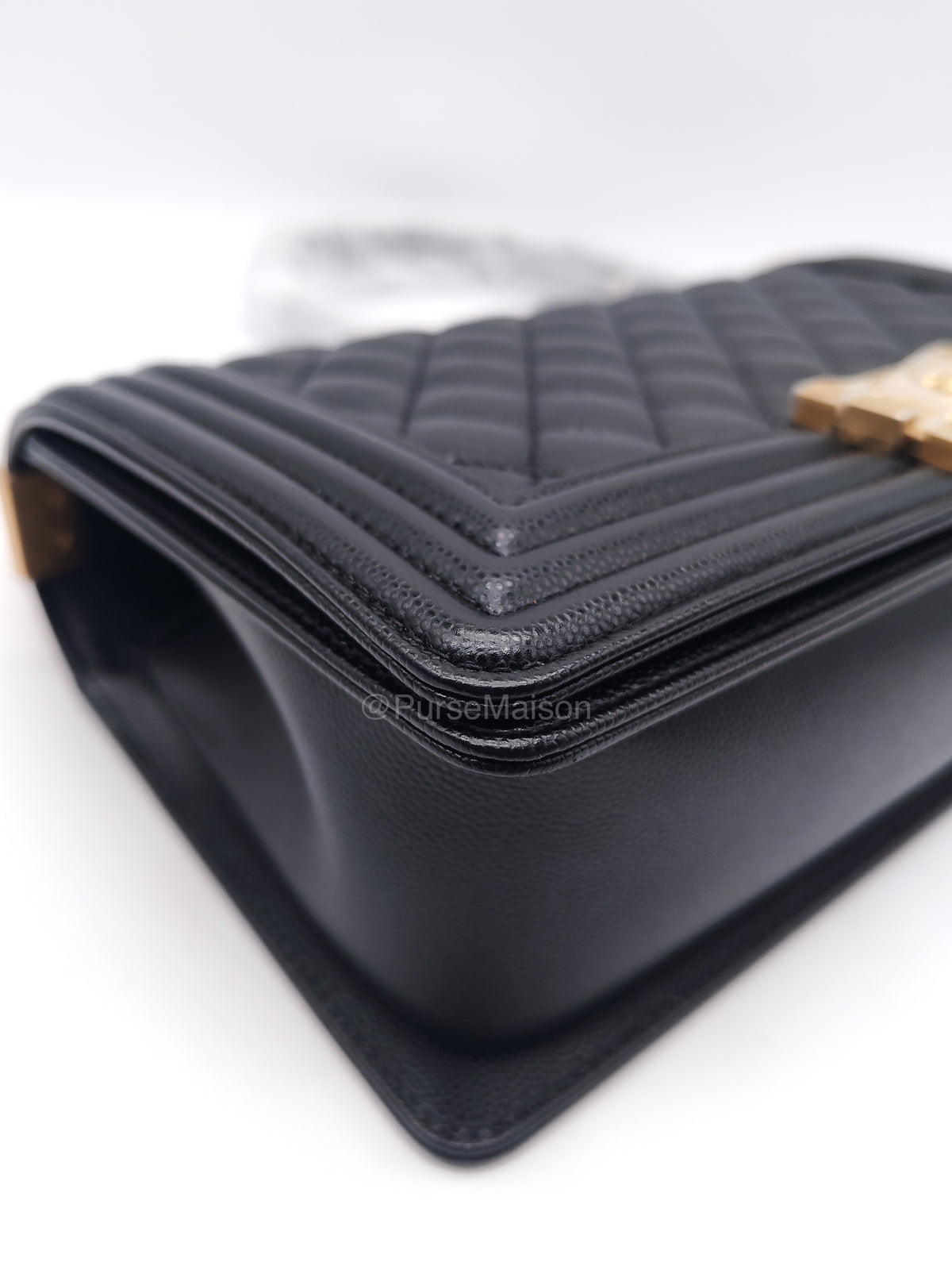 Chanel Boy Old Medium in Black Quilted Caviar Leather and Aged Gold Hardware Microchip (T0****HG) | Purse Maison Luxury Bags Shop