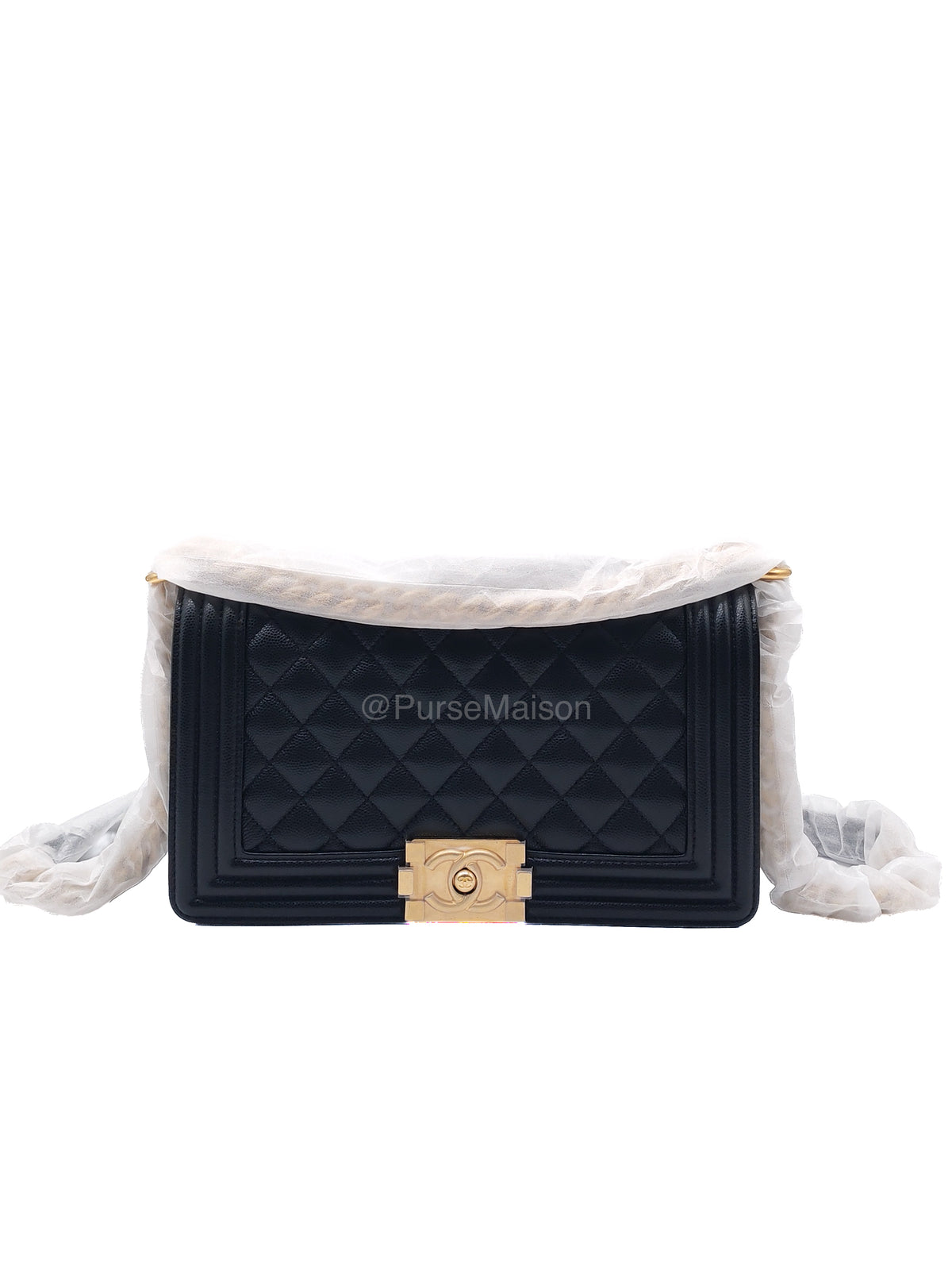 Chanel Boy Old Medium in Black Quilted Caviar Leather and Aged Gold Hardware Microchip (T0****HG) | Purse Maison Luxury Bags Shop