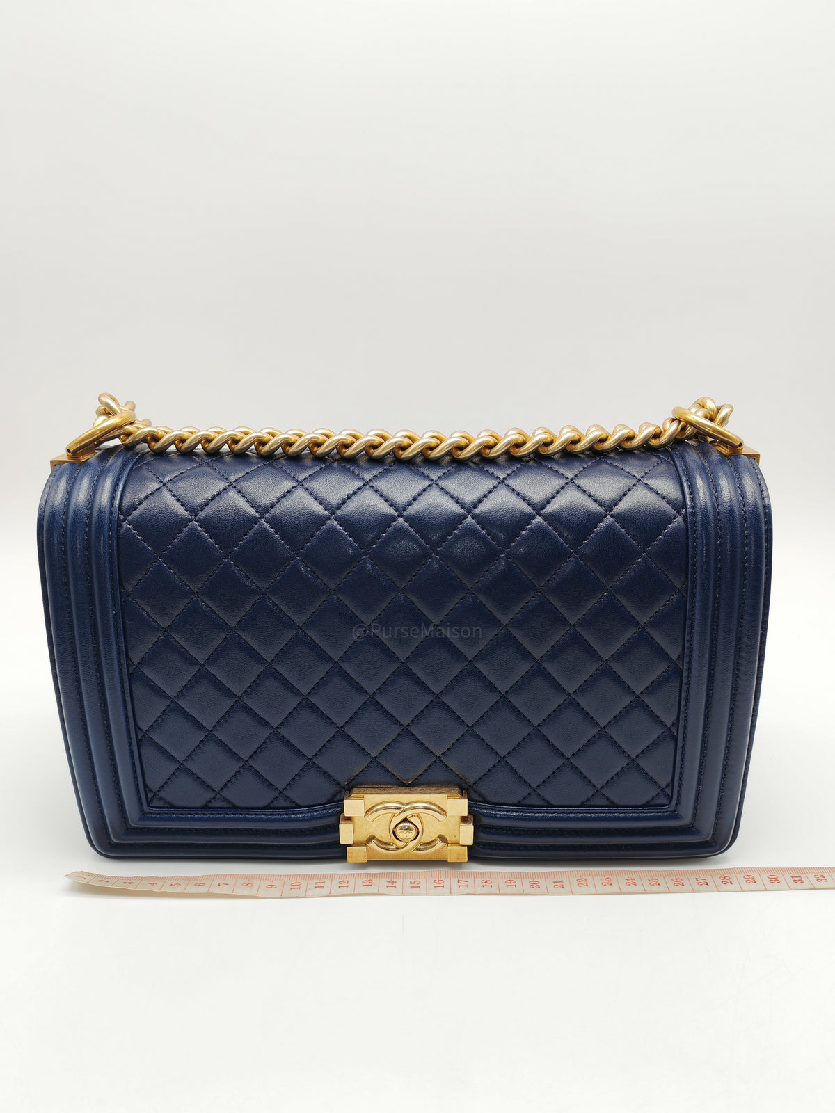 Chanel Boy Old Medium in Blue Quilted Lambskin Leather and Aged Gold Hardware Series 21 | Purse Maison Luxury Bags Shop