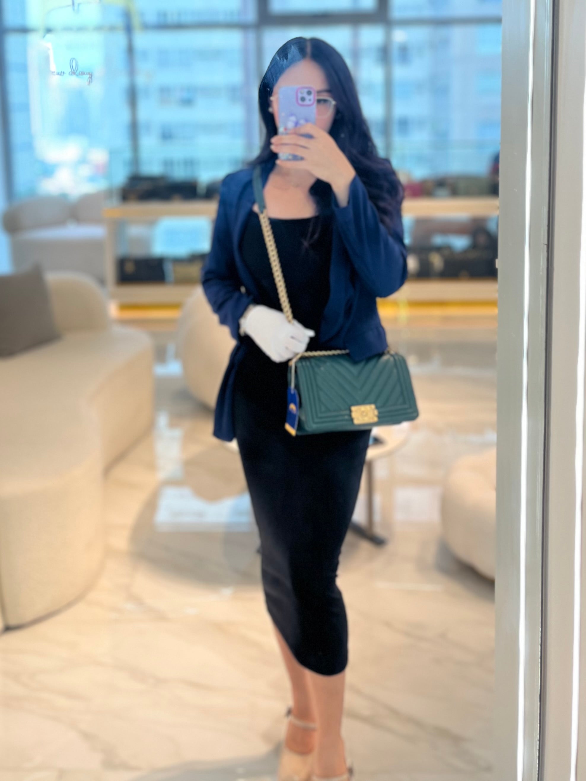 Chanel Boy Old Medium in Green Chevron Calfskin Leather and Aged Gold Hardware Series 26 | Purse Maison Luxury Bags Shop