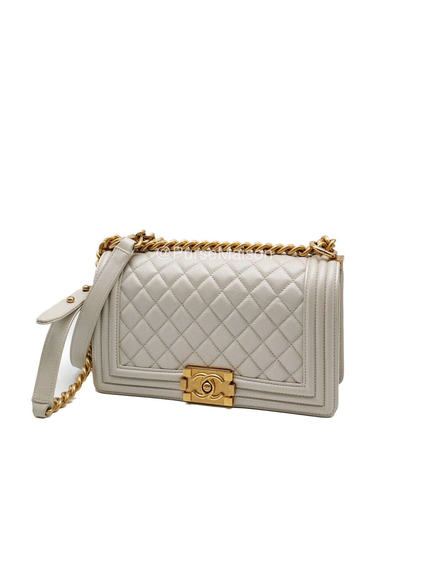 Chanel Boy Old Medium in Off-White Iridescent Quilted Caviar Leather and Aged Gold Hardware (Microchip) | Purse Maison Luxury Bags Shop