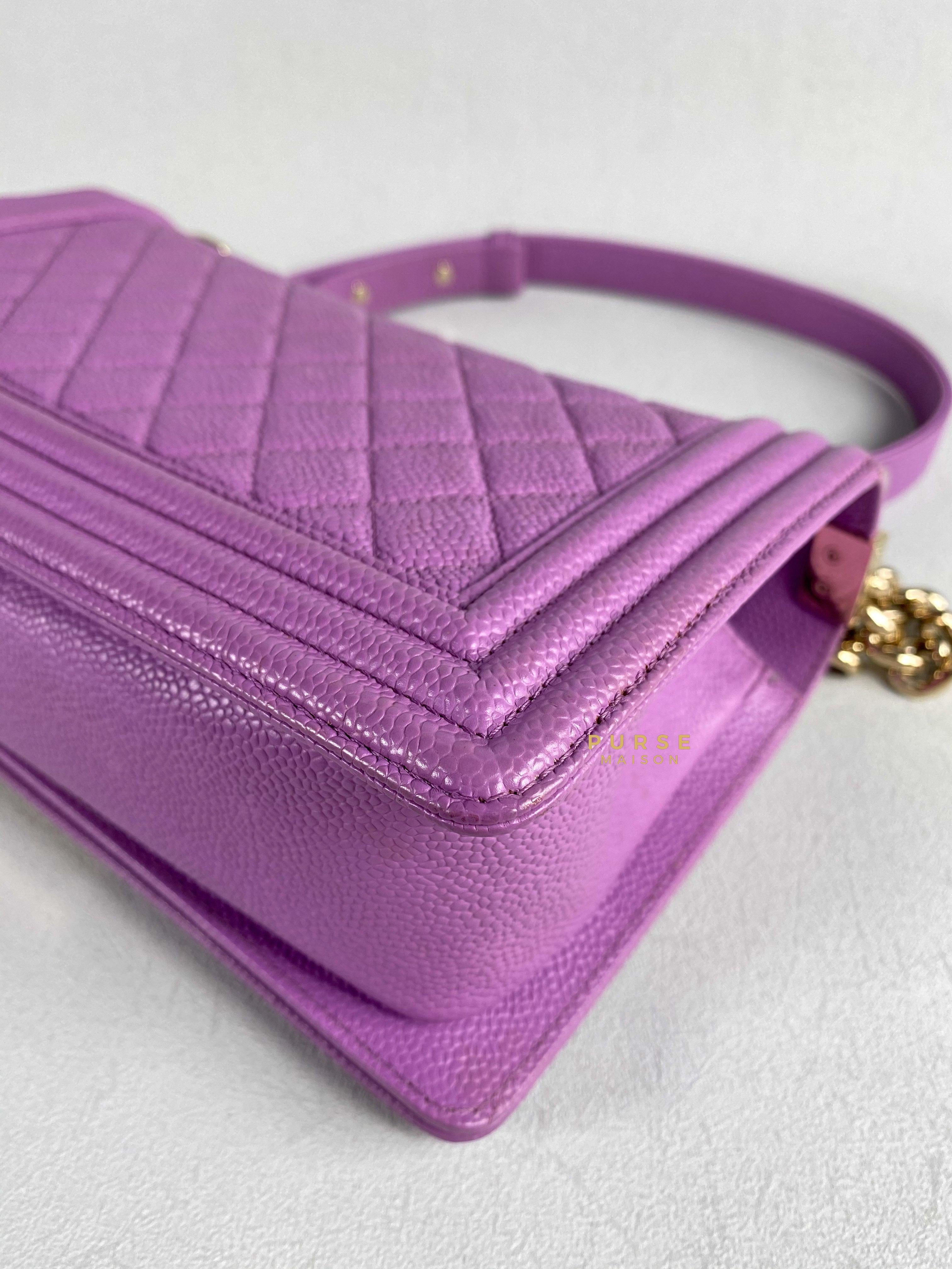 Chanel Boy Old Medium in Purple Caviar Leather and Light Gold Hardware (Series 29) | Purse Maison Luxury Bags Shop