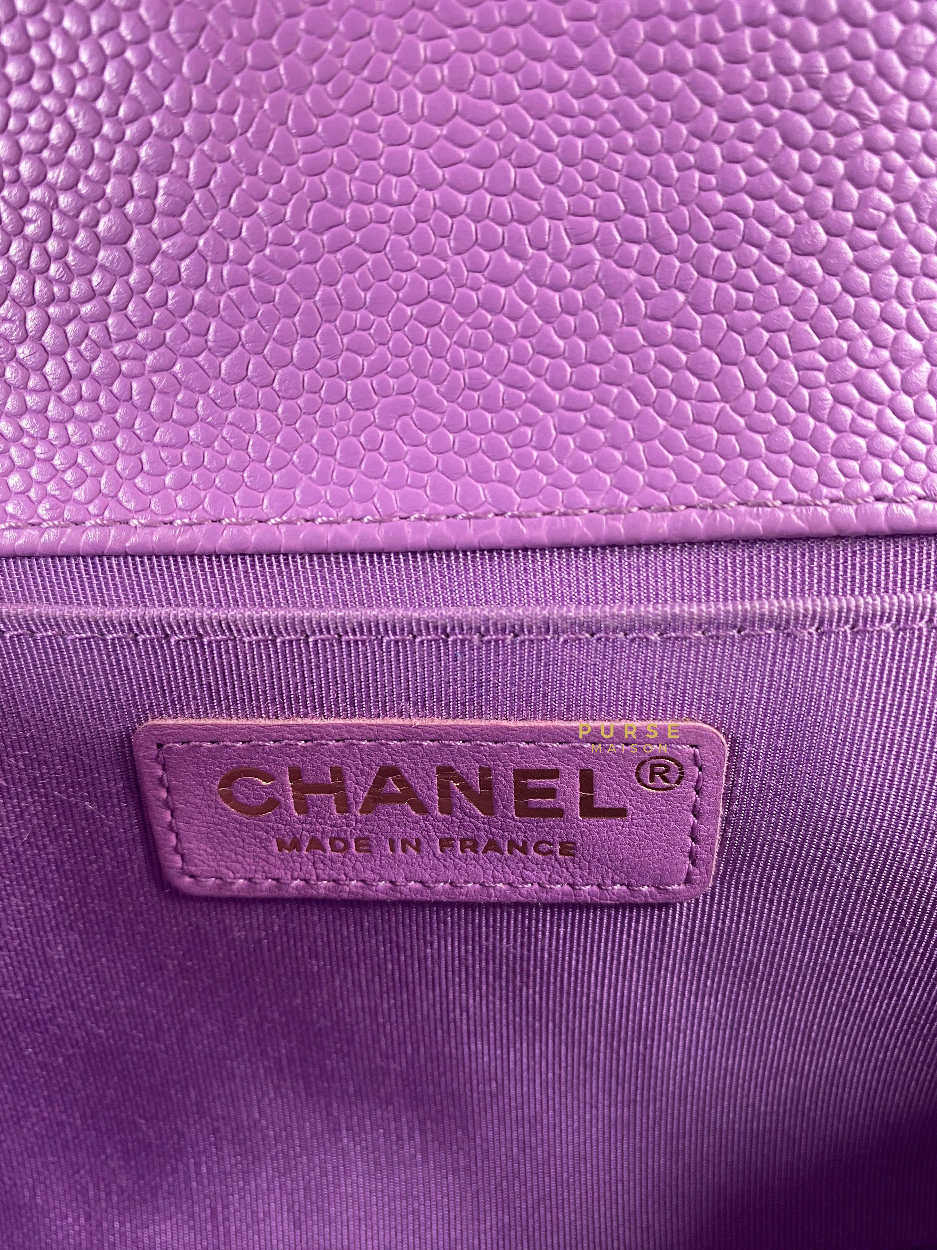 Chanel Boy Old Medium in Purple Caviar Leather and Light Gold Hardware (Series 29) | Purse Maison Luxury Bags Shop
