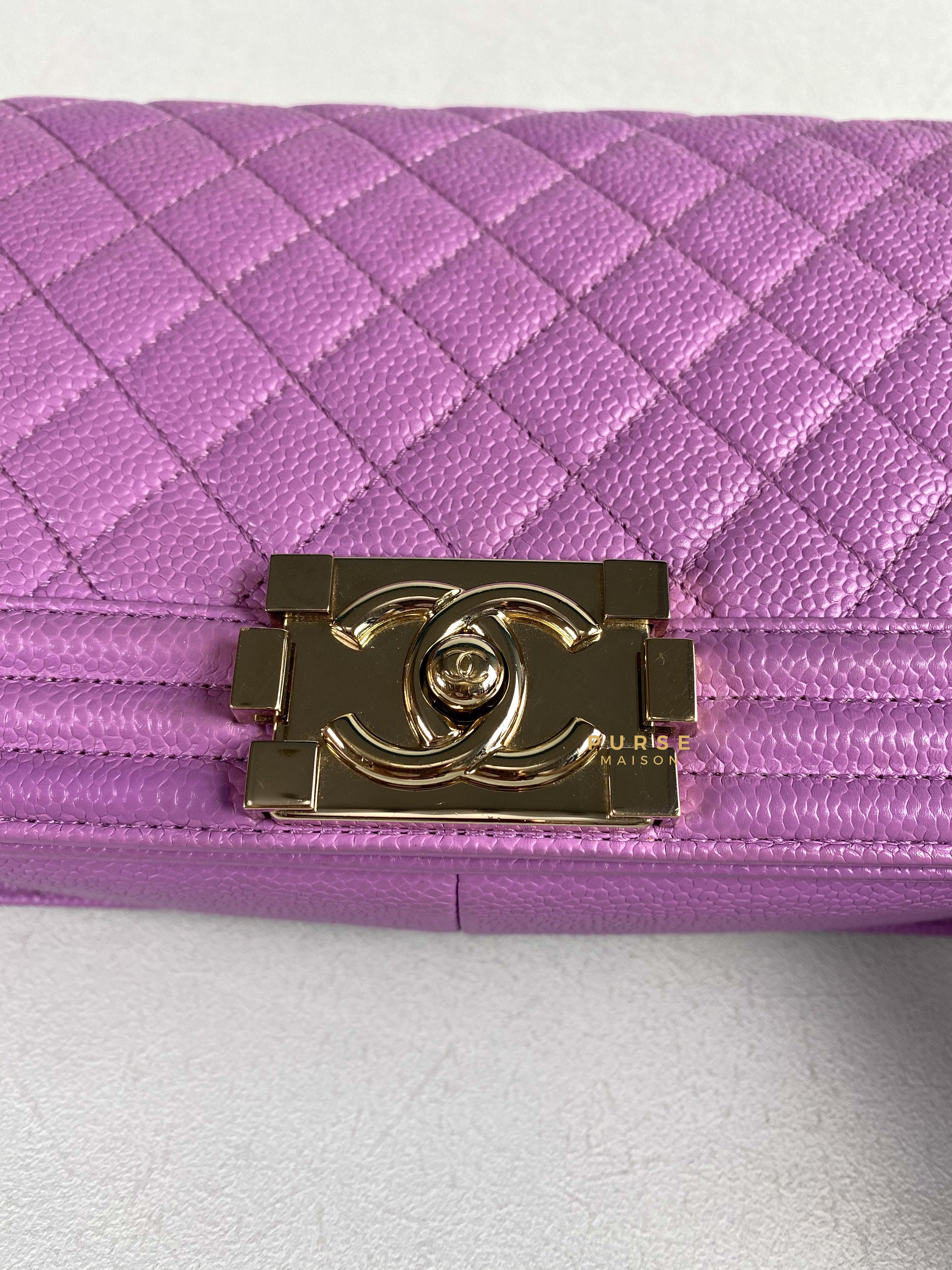 Chanel Boy Old Medium in Purple Caviar Leather and Light Gold Hardware (Series 29) | Purse Maison Luxury Bags Shop