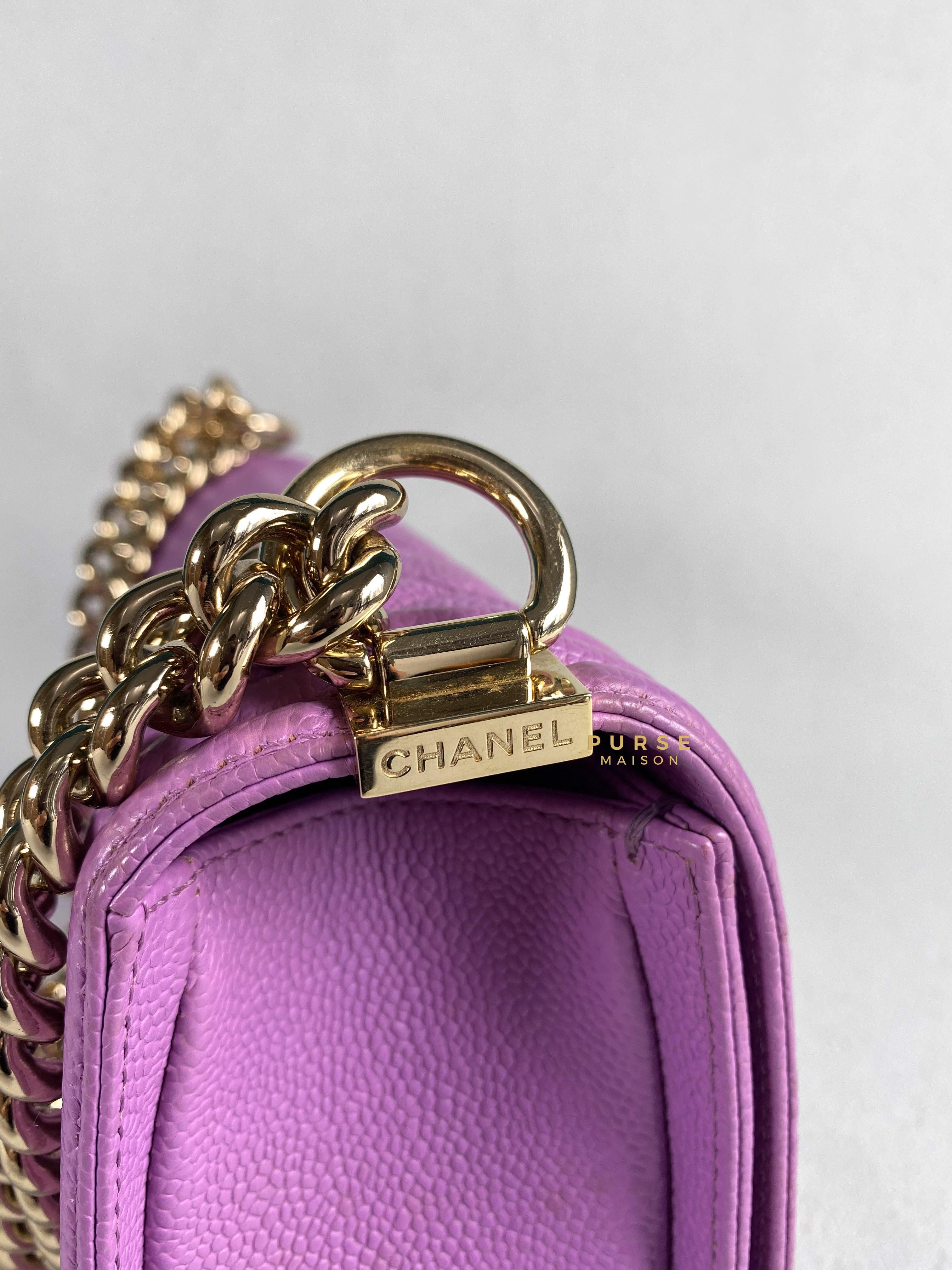 Chanel Boy Old Medium in Purple Caviar Leather and Light Gold Hardware (Series 29) | Purse Maison Luxury Bags Shop
