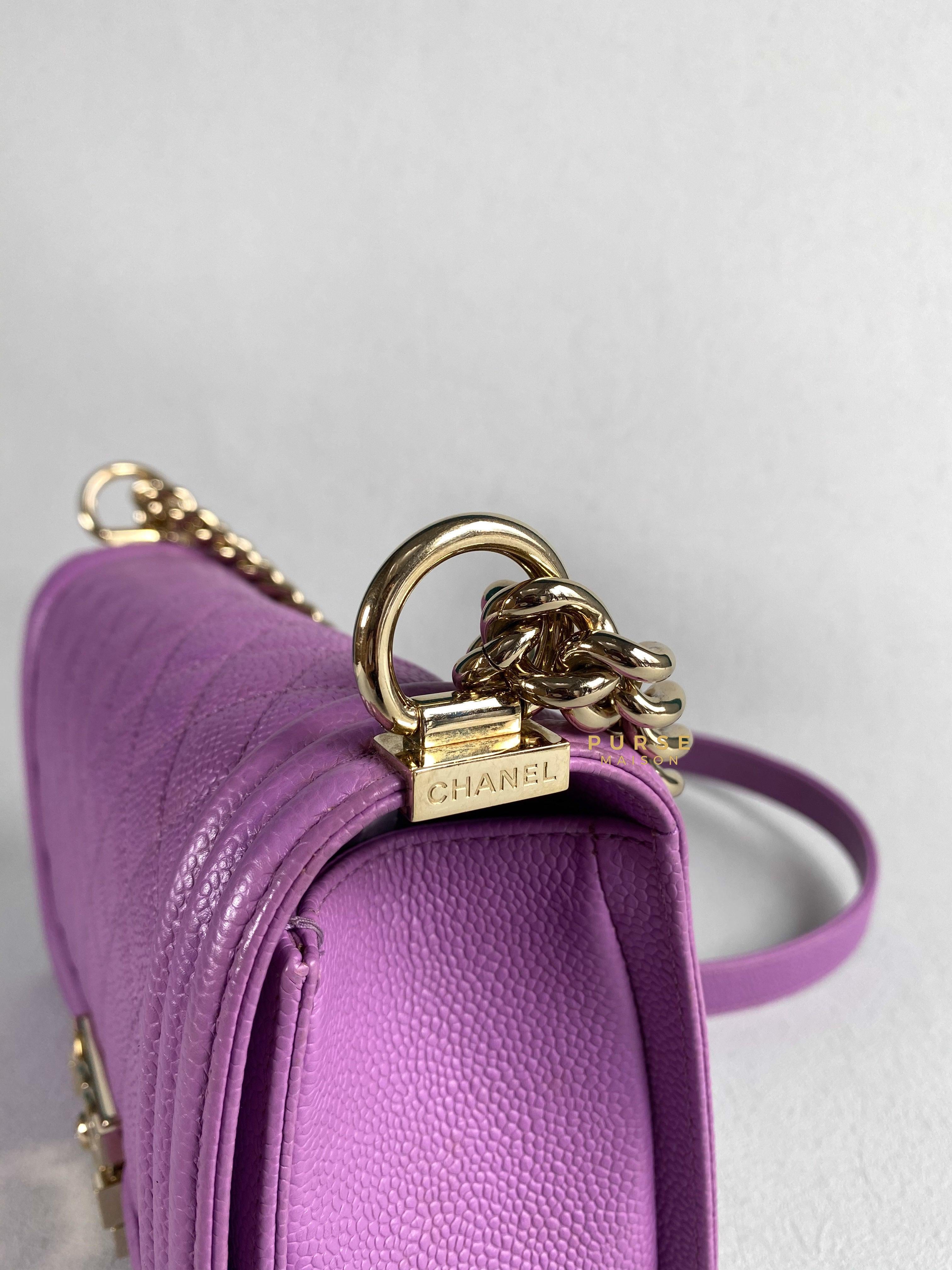 Chanel Boy Old Medium in Purple Caviar Leather and Light Gold Hardware (Series 29) | Purse Maison Luxury Bags Shop