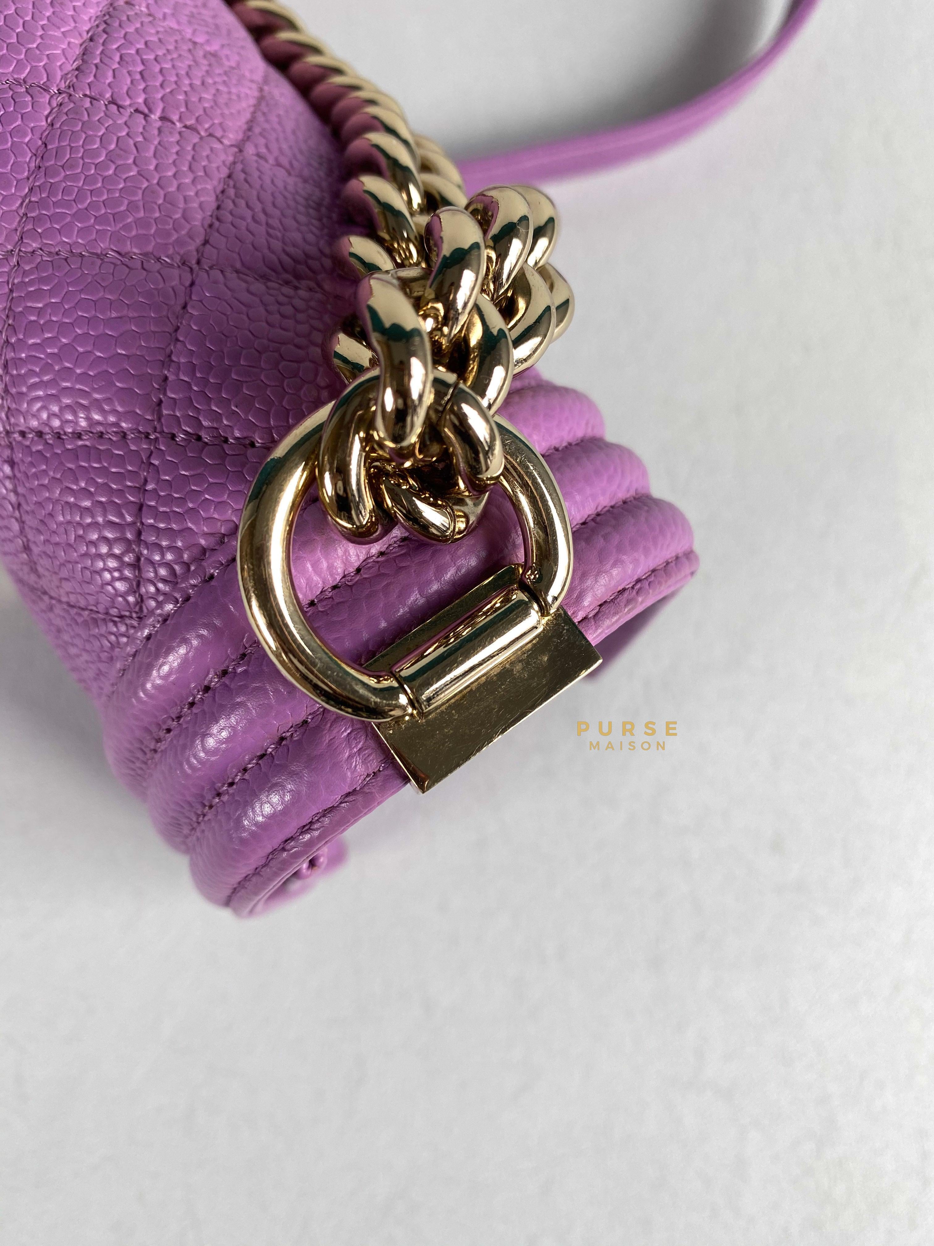 Chanel Boy Old Medium in Purple Caviar Leather and Light Gold Hardware (Series 29) | Purse Maison Luxury Bags Shop