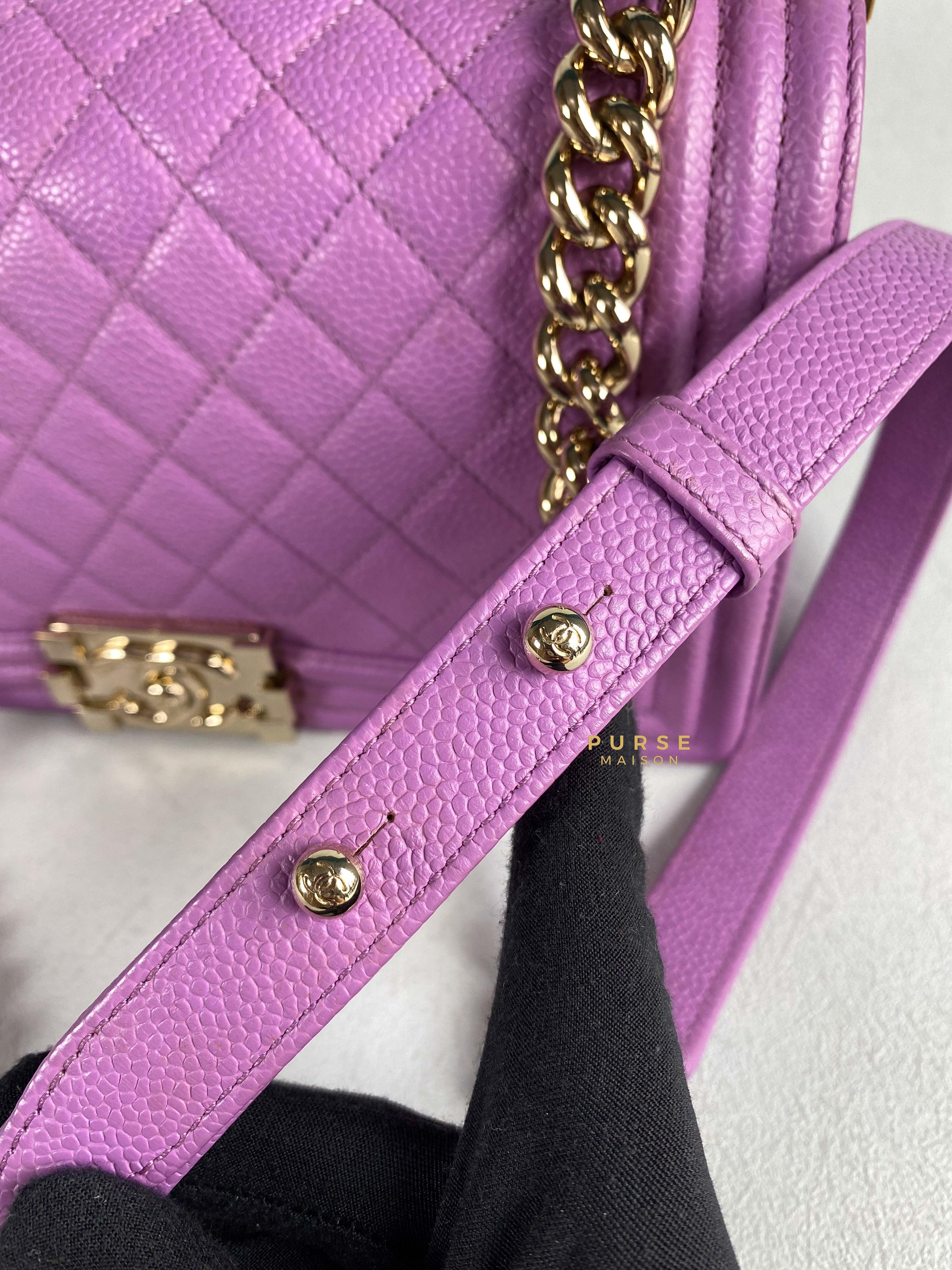 Chanel Boy Old Medium in Purple Caviar Leather and Light Gold Hardware (Series 29) | Purse Maison Luxury Bags Shop