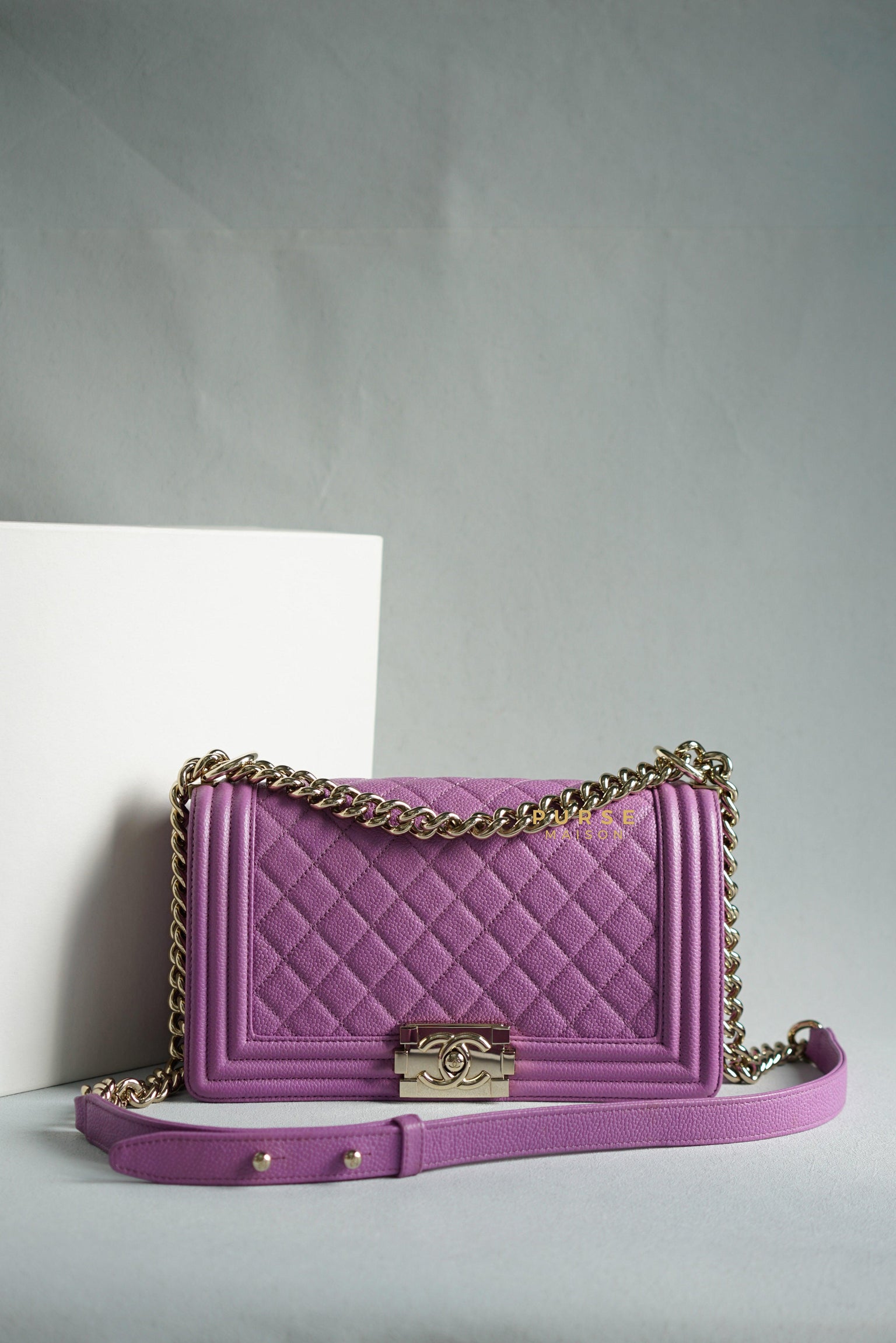 Chanel Boy Old Medium in Purple Caviar Leather and Light Gold Hardware (Series 29) | Purse Maison Luxury Bags Shop